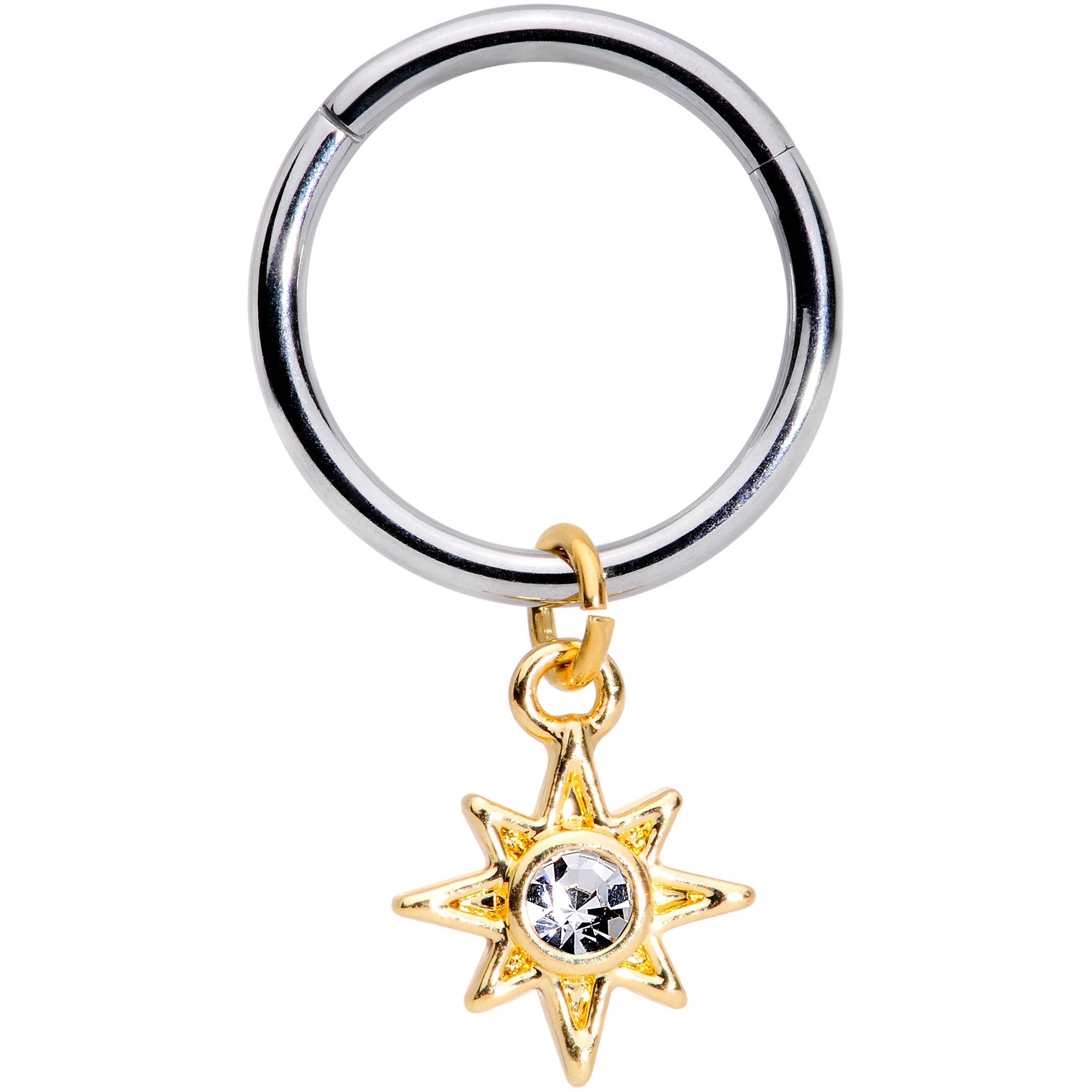 16G 3/8 Clear Cubic Zirconia Gem Star Dangle Hinged Segment Ring
