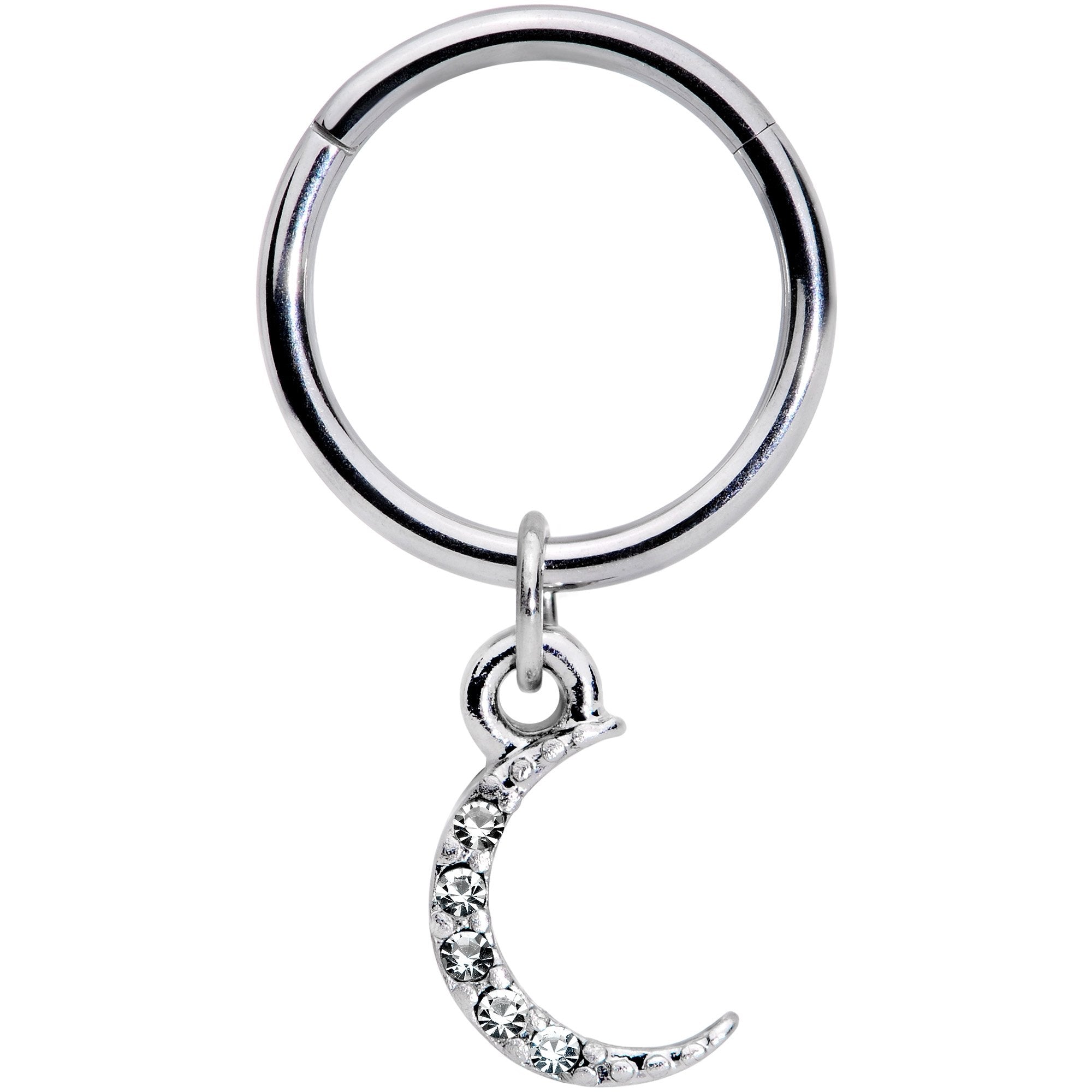 16G 3/8 Clear Gem Sliver of Moon Dangle Hinged Segment Ring