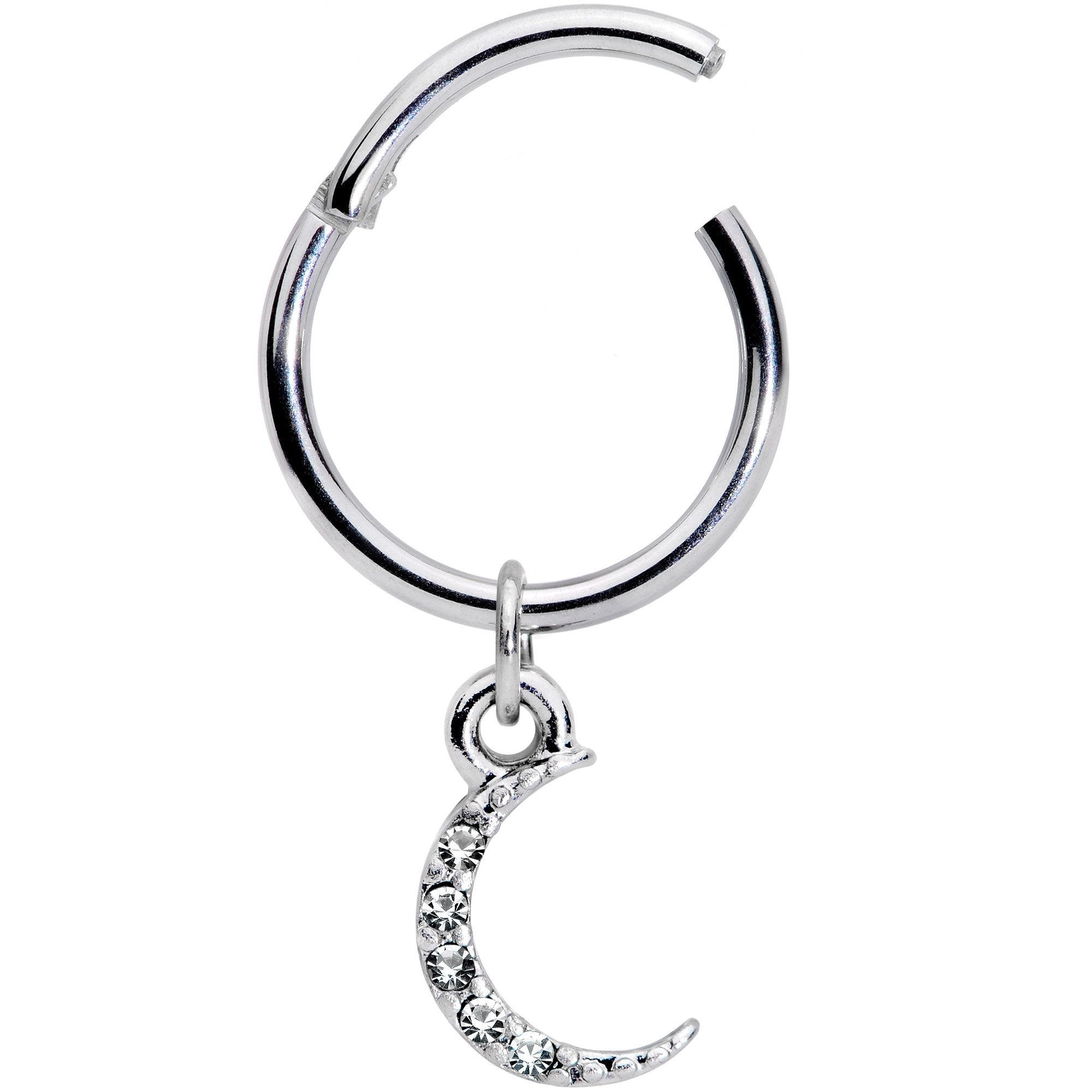 16G 3/8 Clear Gem Sliver of Moon Dangle Hinged Segment Ring