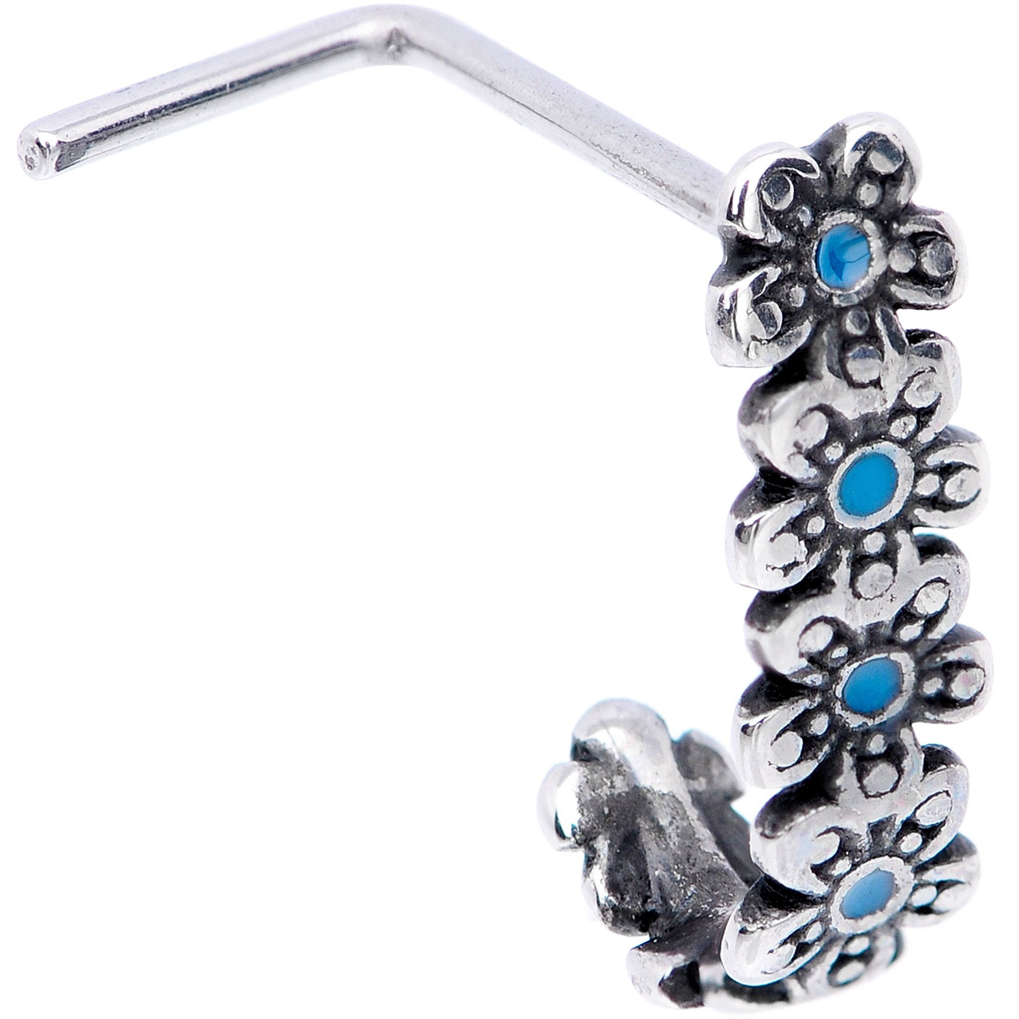 20G Blue Flowers Faux Hoop L Shaped Nose Ring