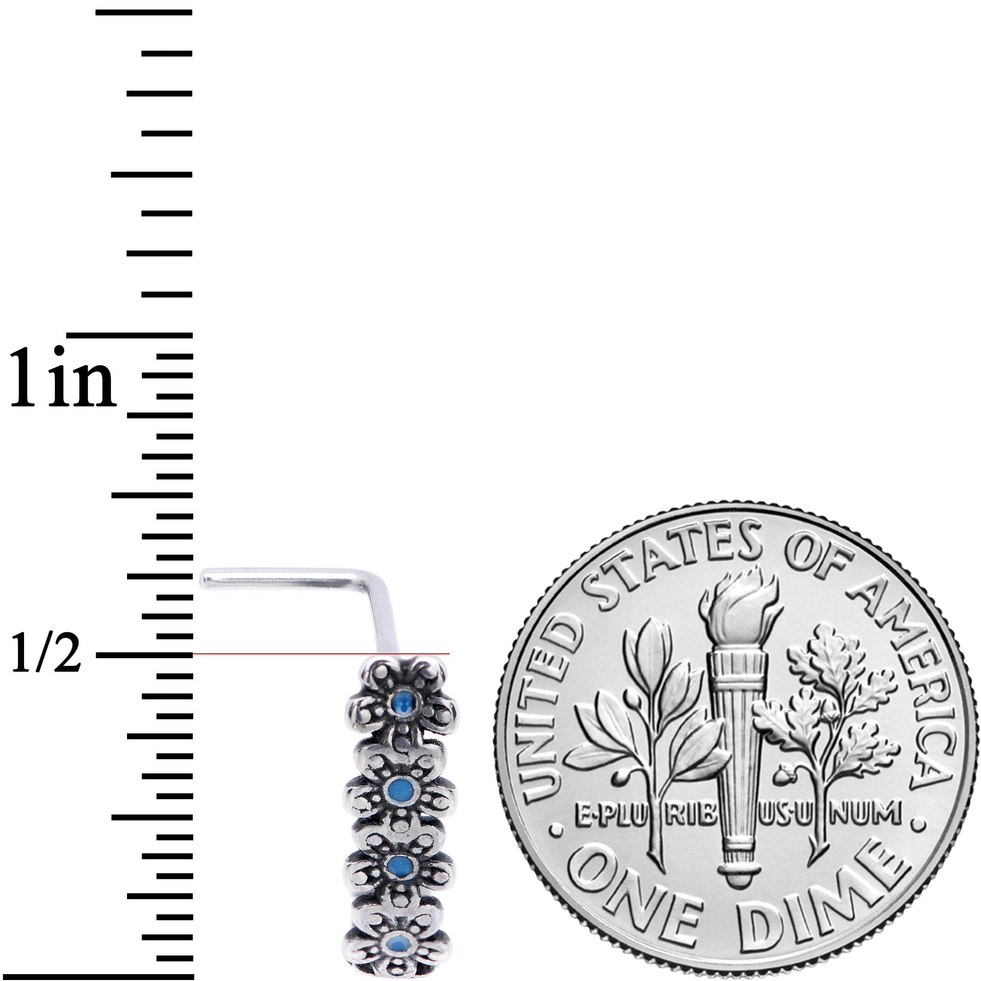 20G Blue Flowers Faux Hoop L Shaped Nose Ring