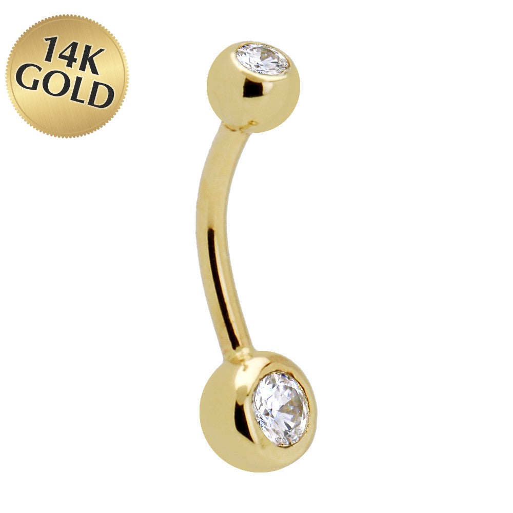 Solid 14KT Yellow Gold Double Gem Cubic Zirconia Belly Ring