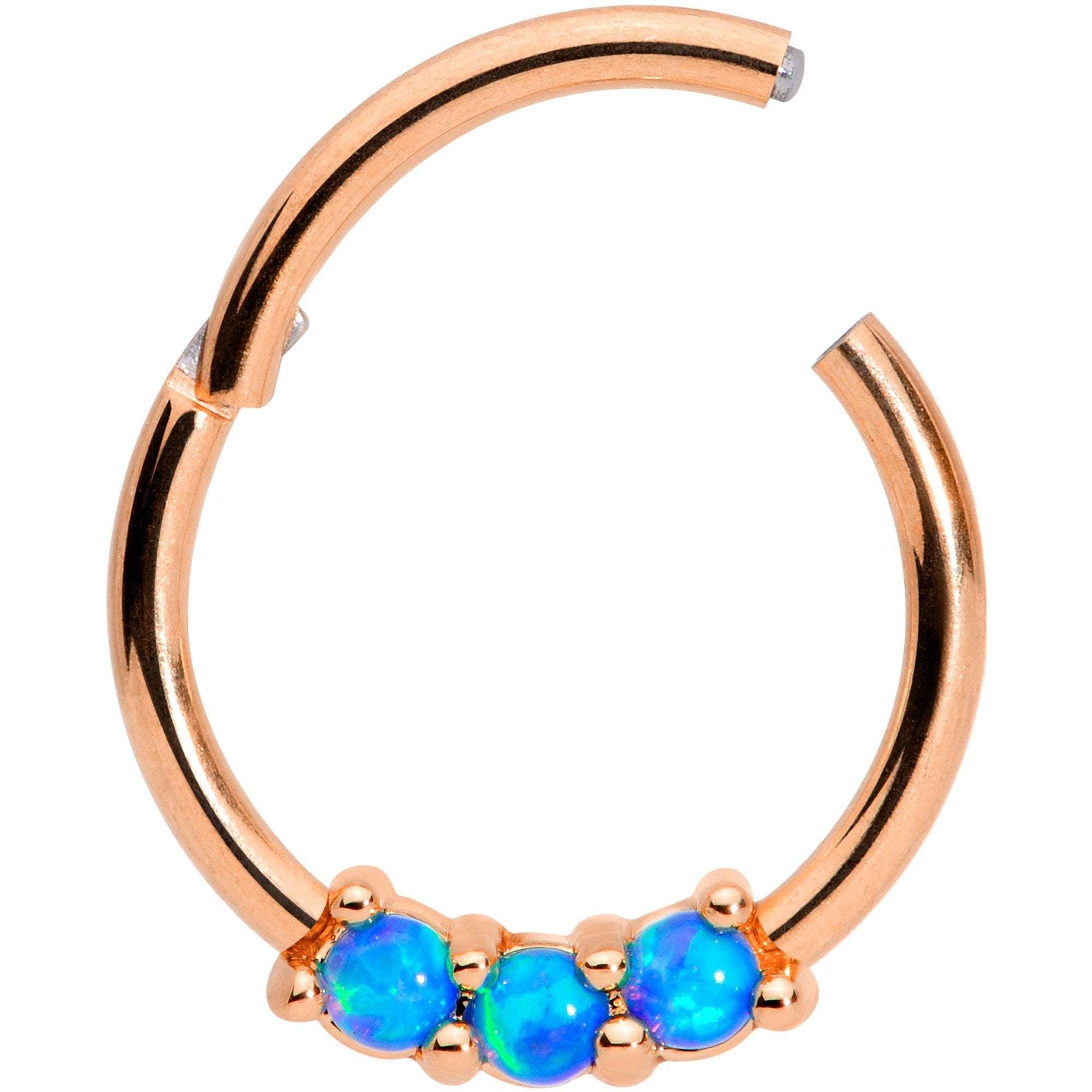 16G 3/8 Blue Synthetic Opal Rose Gold Tone Hinged Segment Ring