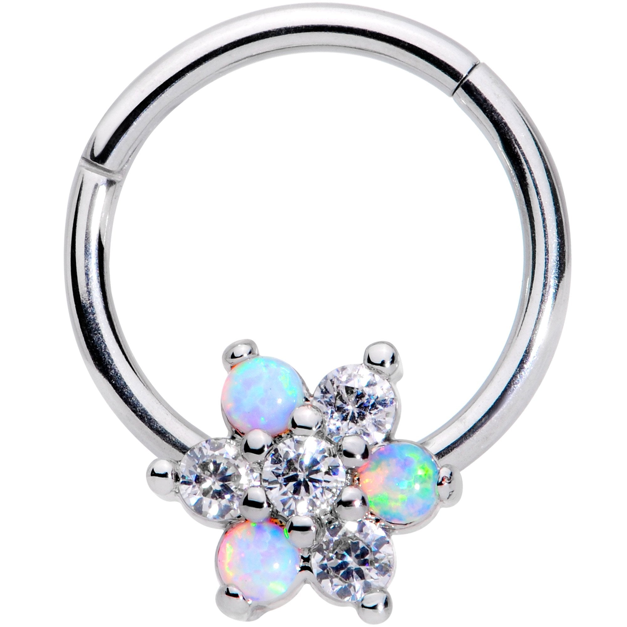 16G 3/8 White Synthetic Opal Snow Star Hinged Segment Ring