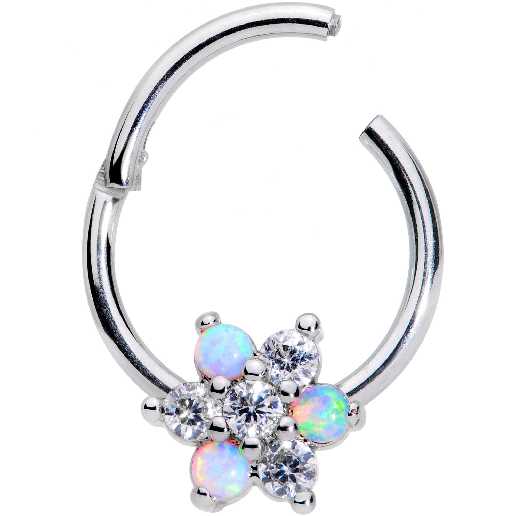 16G 3/8 White Synthetic Opal Snow Star Hinged Segment Ring