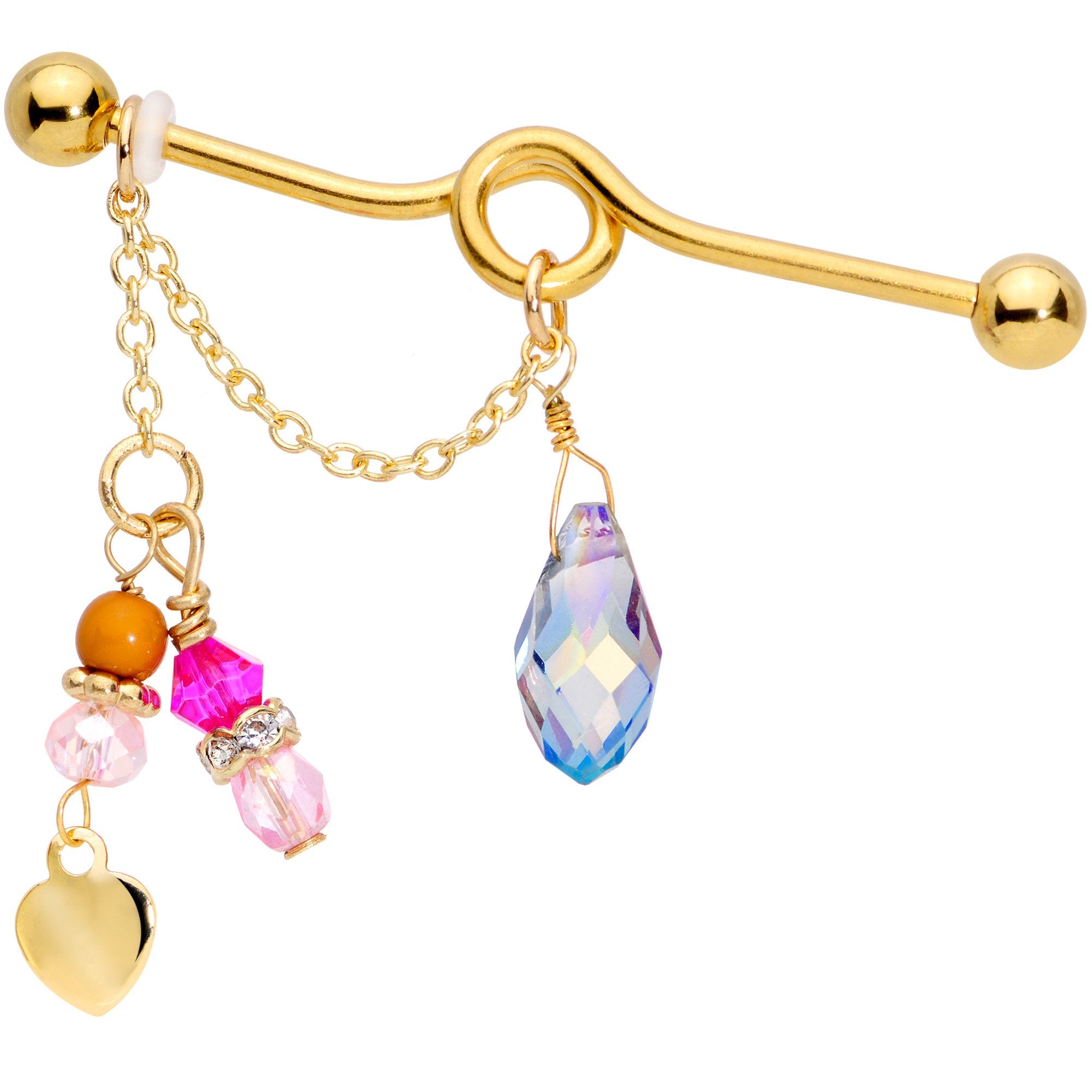 14G Pink Aurora Gem Gold Tone Chain Dangle Industrial Barbell 38mm