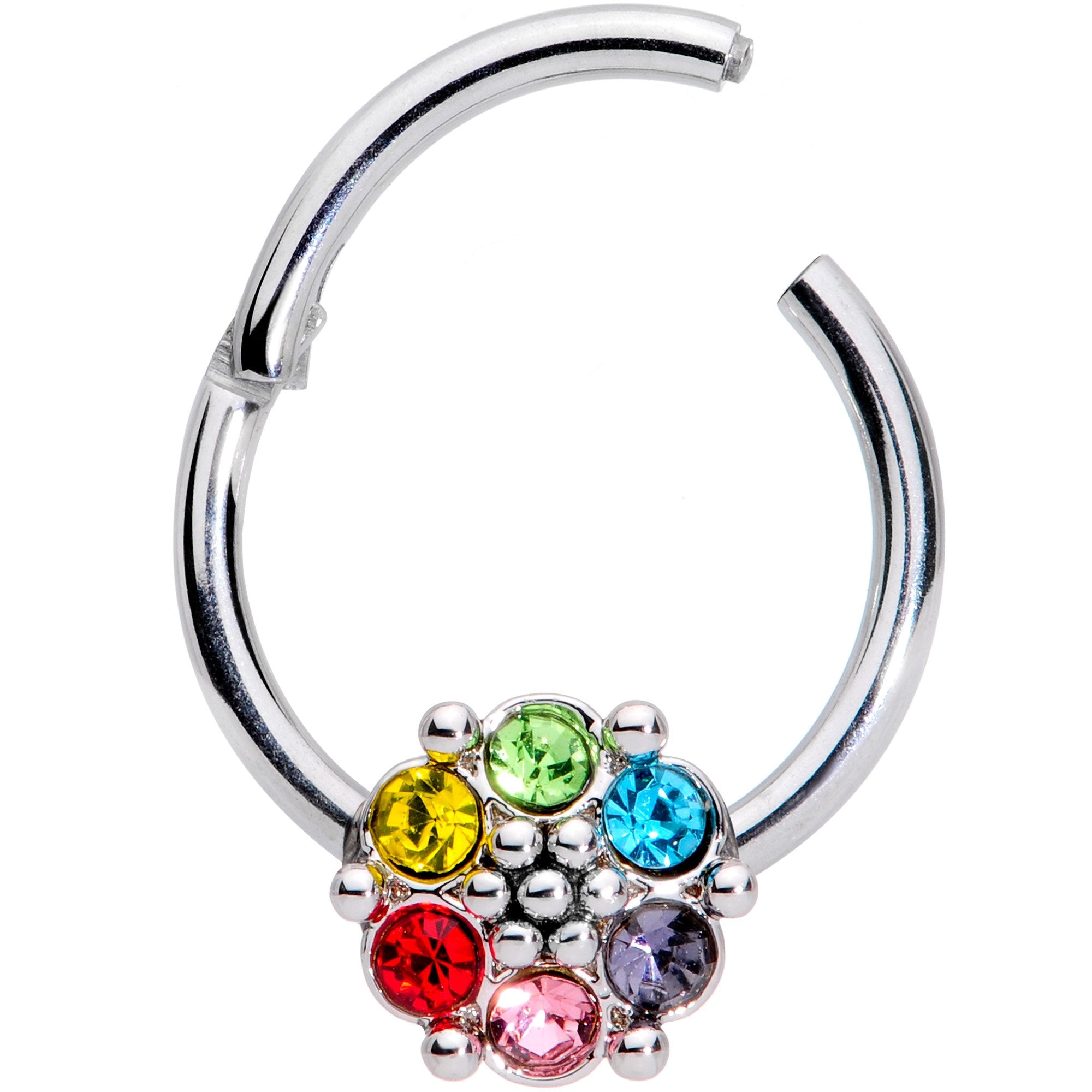 16G 3/8 Multicolor Gem Rainbow Flower Hinged Segment Ring