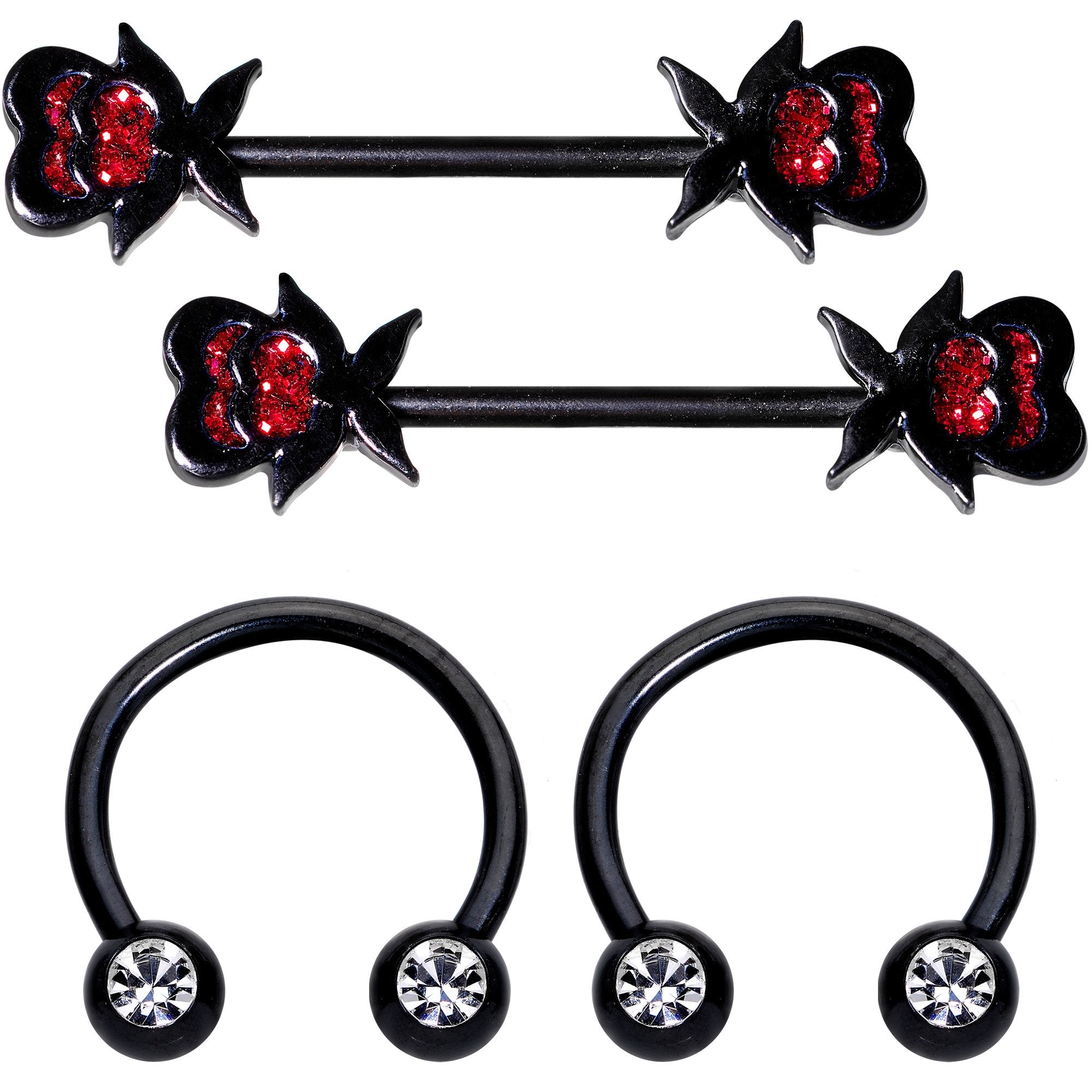 14G Clear Gem Heart Black Horseshoe Barbell Nipple Ring Set