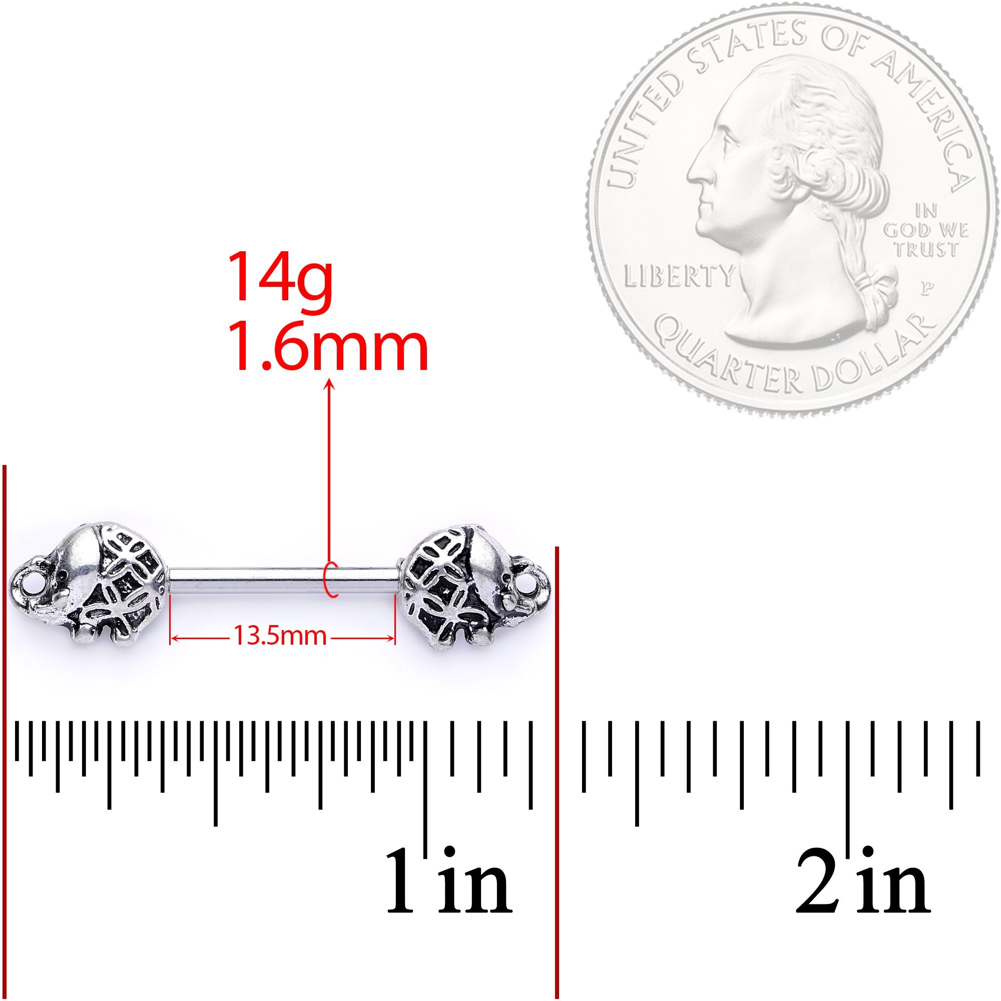 14G 5/8 Whimsical Round Elephant Barbell Nipple Ring Set