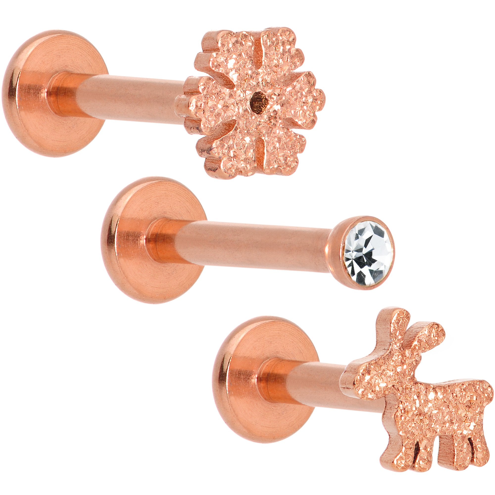 16G 5/16 Gem Rose Gold Tone Holiday Cartilage Tragus Earring Set of 3