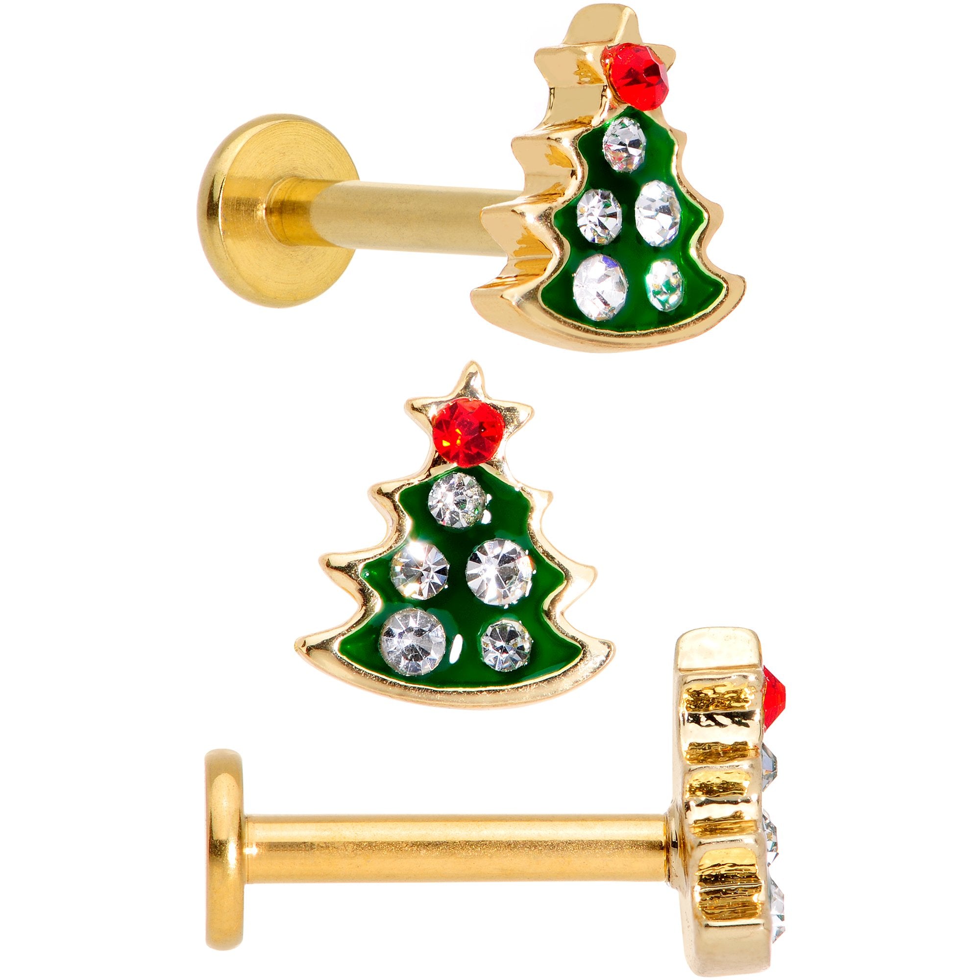 16G 5/16 Gem Gold Tone Holiday Cartilage Tragus Earring Set of 3