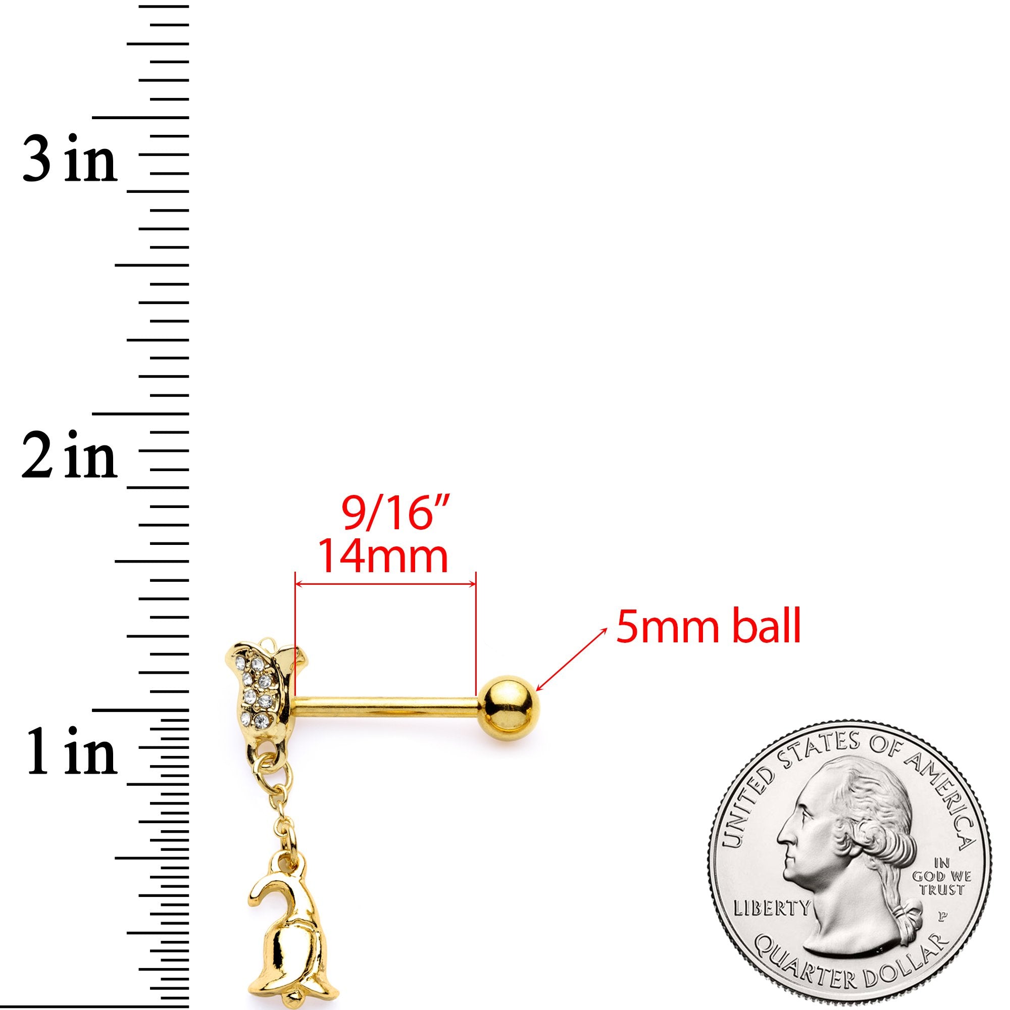 14G 5/8 Clear Gem Gold Tone Tulip Flower Dangle Barbell Nipple Ring Set