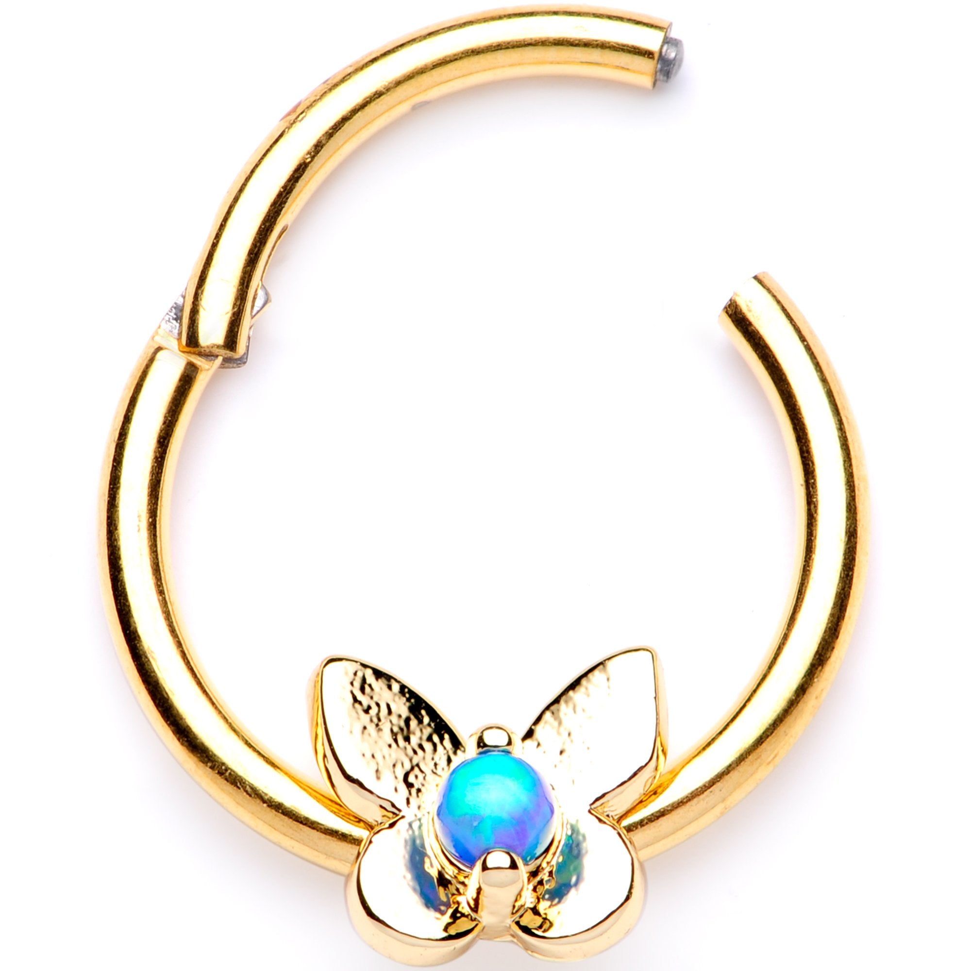 16G 3/8 Blue Synthetic Opal Bashful Butterfly Hinged Segment Ring