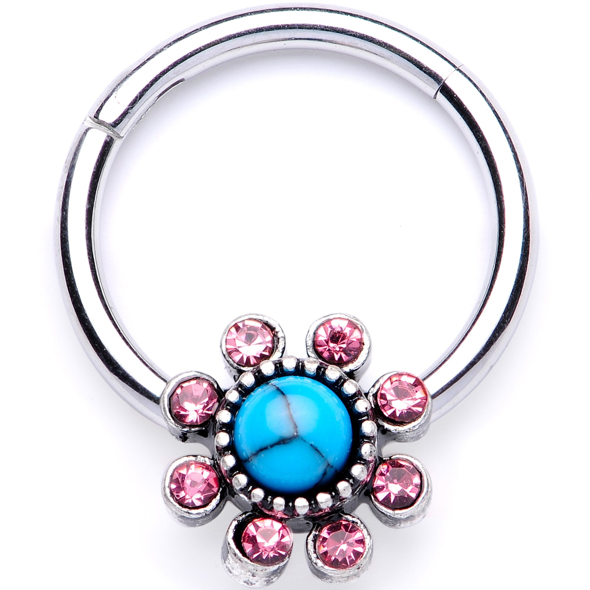 16G 3/8 Pink Gem Faux Turquoise Flower Hinged Segment Ring
