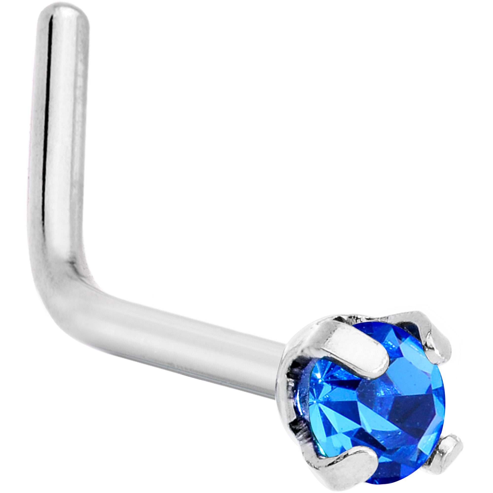 20G 1/4 Blue CZ Gem L Shaped Nose Ring