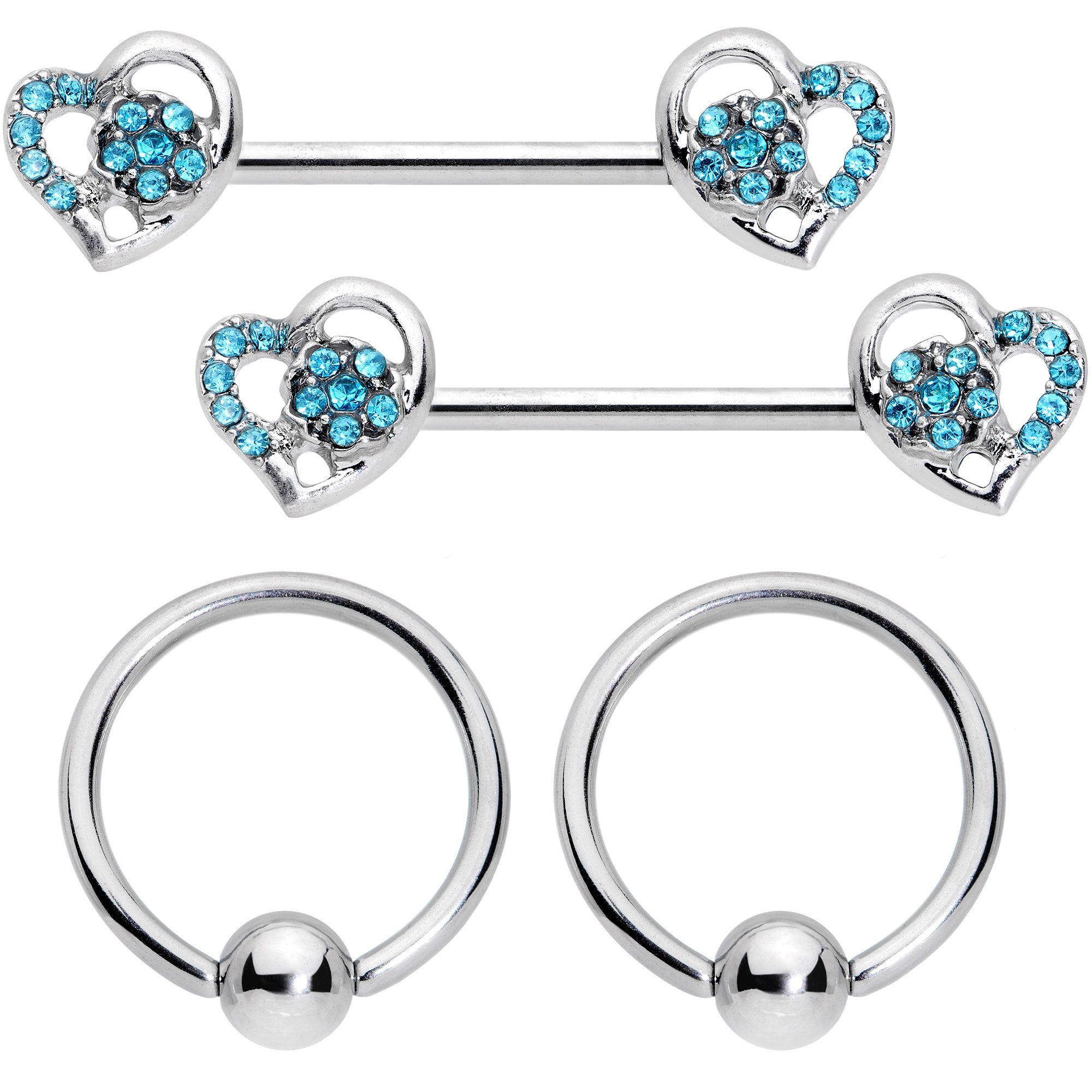 14G 9/16 5/16 Aqua Gem Hearts BCR Barbell Nipple Ring Set