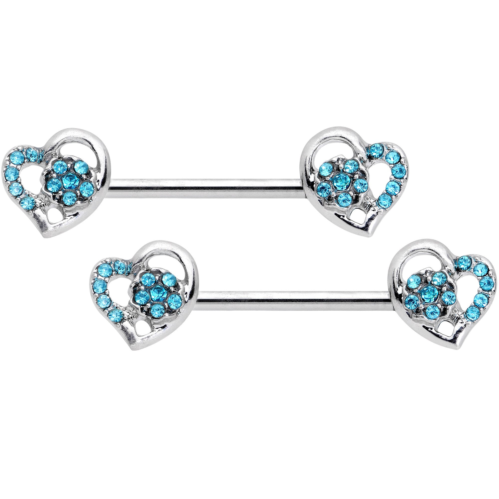 14G 9/16 5/16 Aqua Gem Hearts BCR Barbell Nipple Ring Set