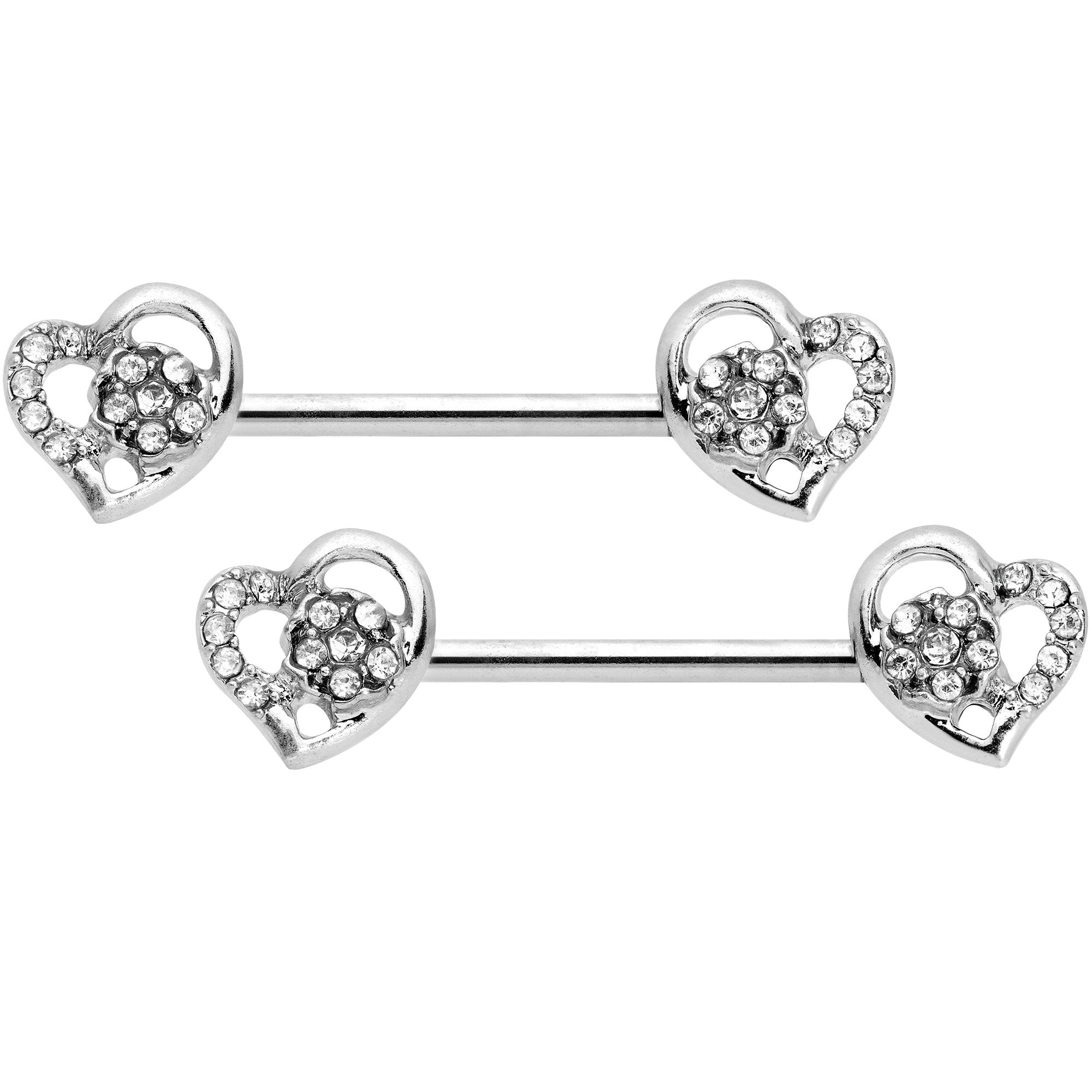 14G 9/16 5/16 Clear Gem Hearts BCR Barbell Nipple Ring Set