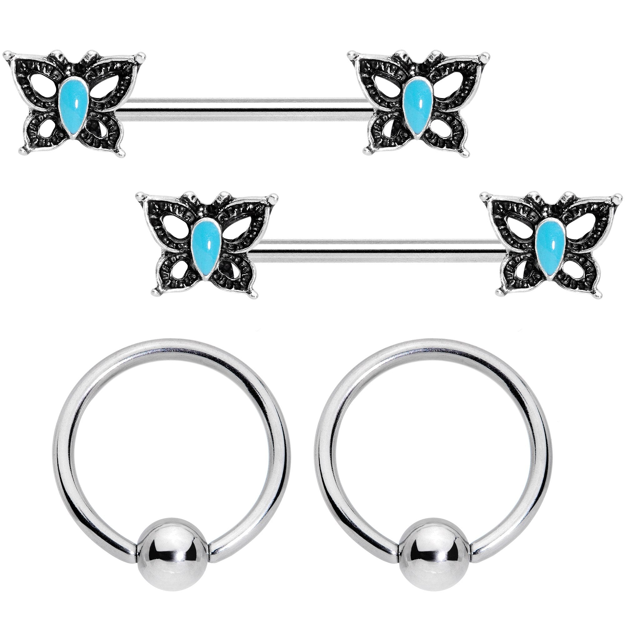 14G Faux Turquoise Butterfly BCR Barbell Nipple Ring Set of 4
