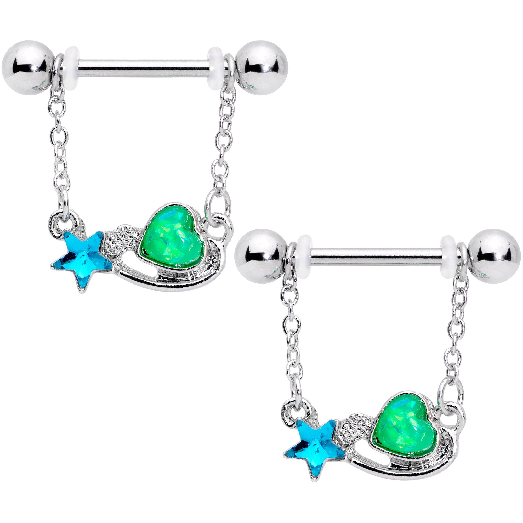 5/8 Blue Green Gem Star and Heart Dangle Barbell Nipple Ring Set