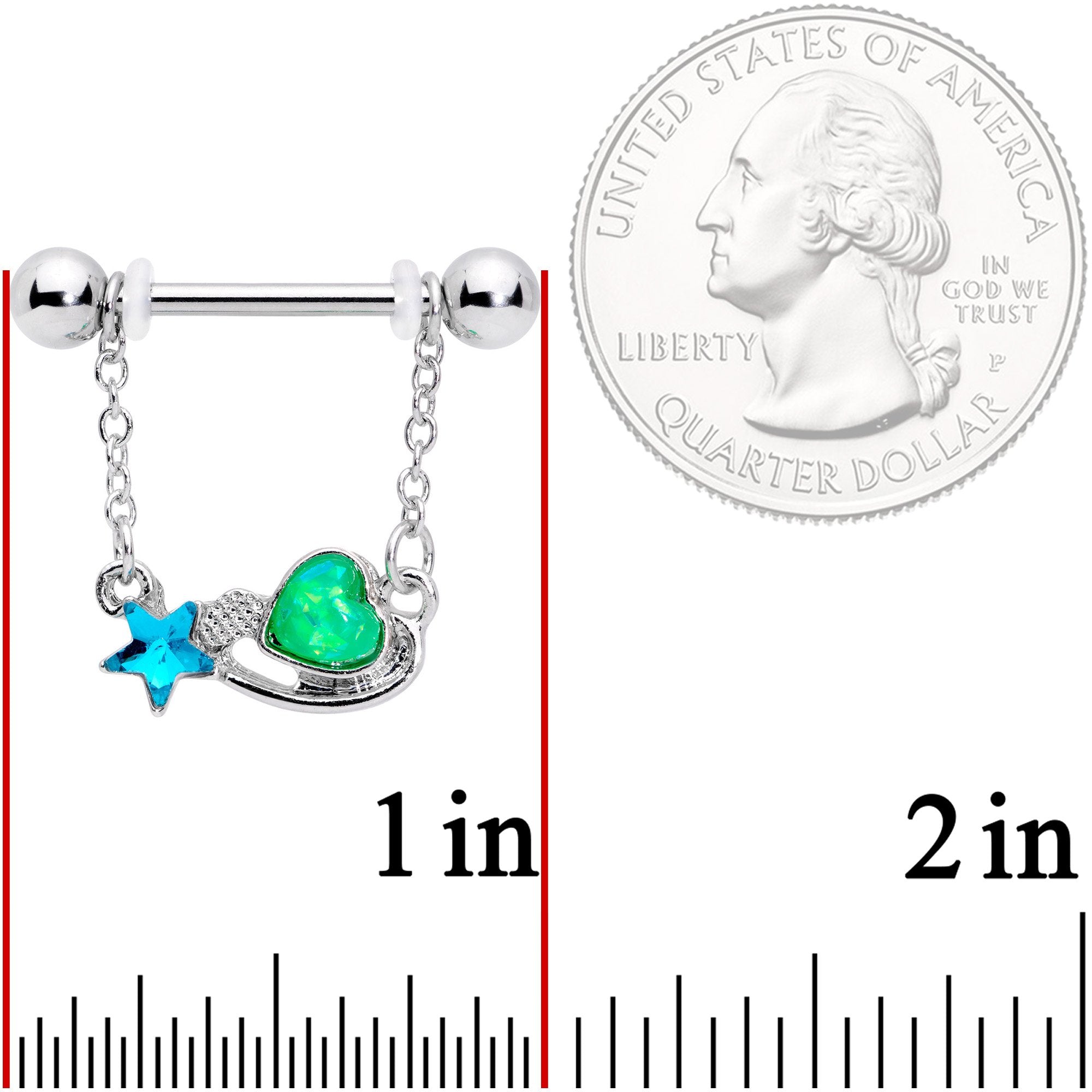 5/8 Blue Green Gem Star and Heart Dangle Barbell Nipple Ring Set