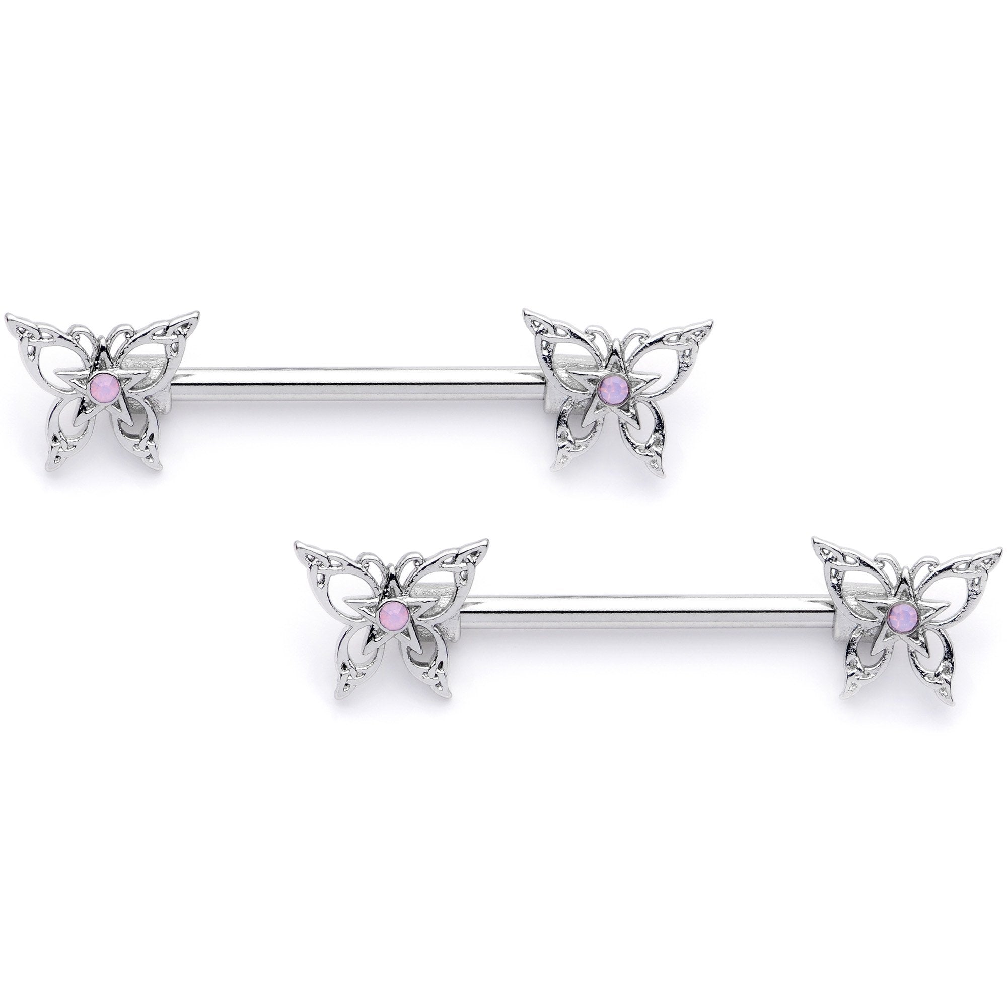 14G 9/16 Pink Faux Opal Lacy Butterfly Barbell Nipple Ring Set