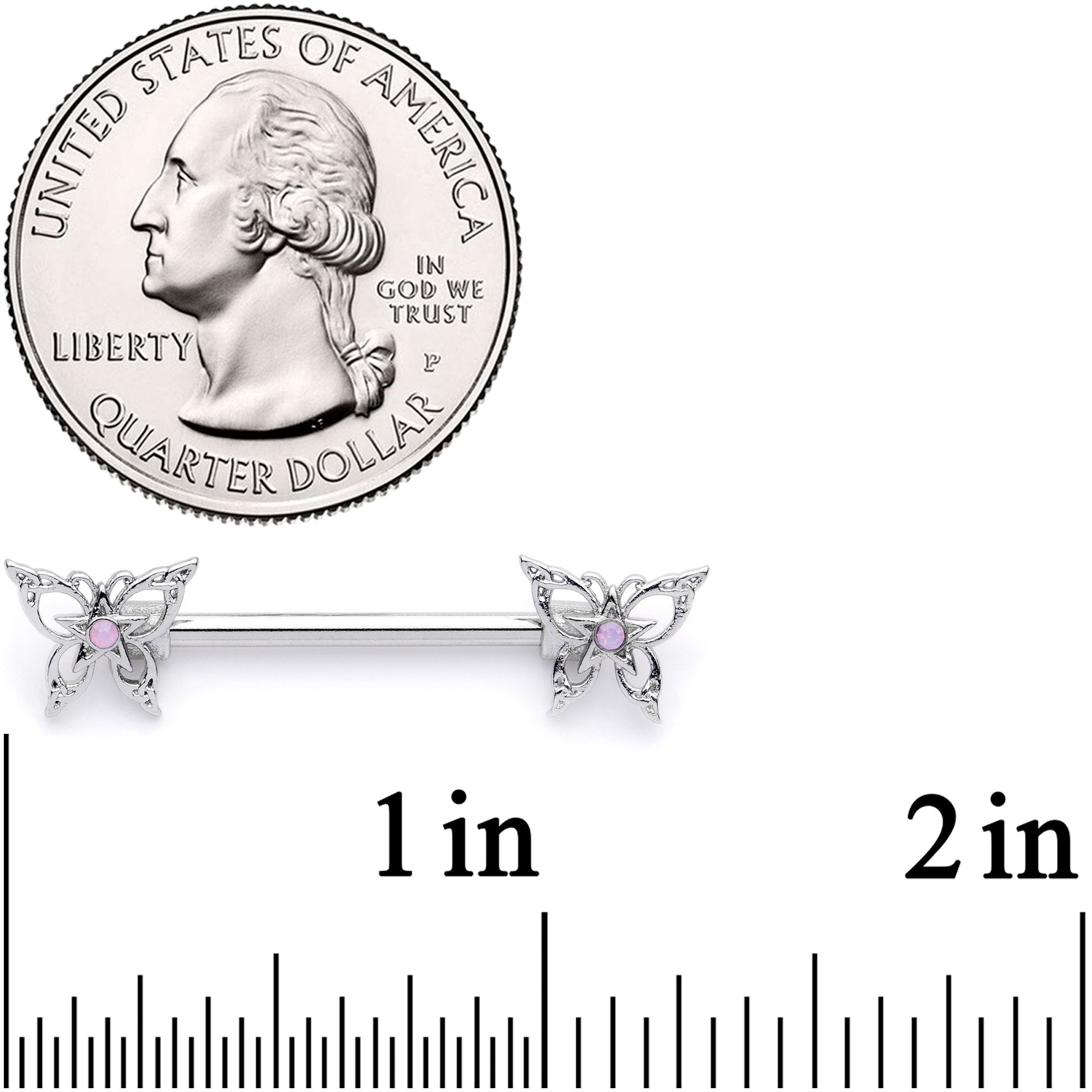 14G 9/16 Pink Faux Opal Lacy Butterfly Barbell Nipple Ring Set