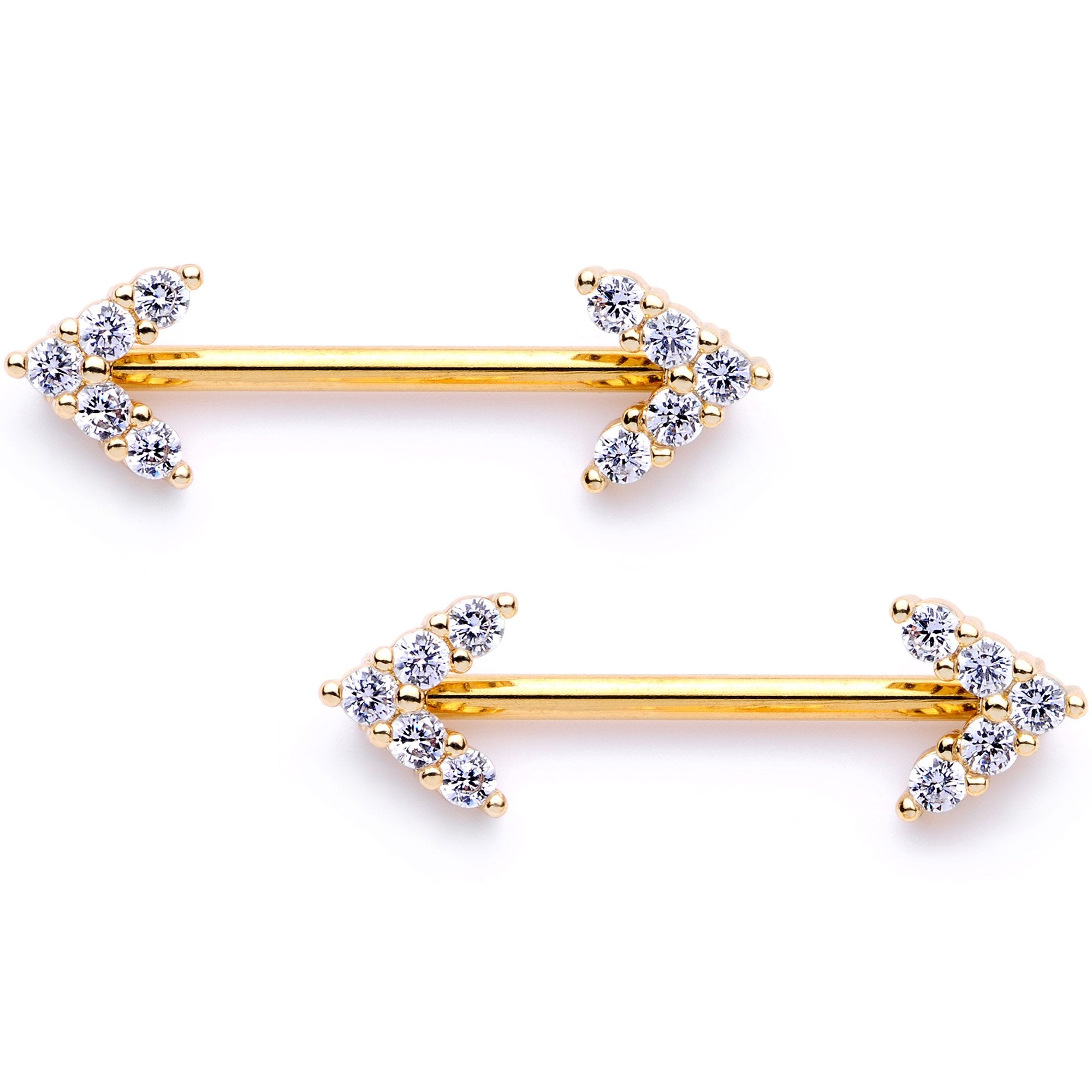 14G 9/16 Clear Gem Gold Tone Arrows Barbell Nipple Ring Set