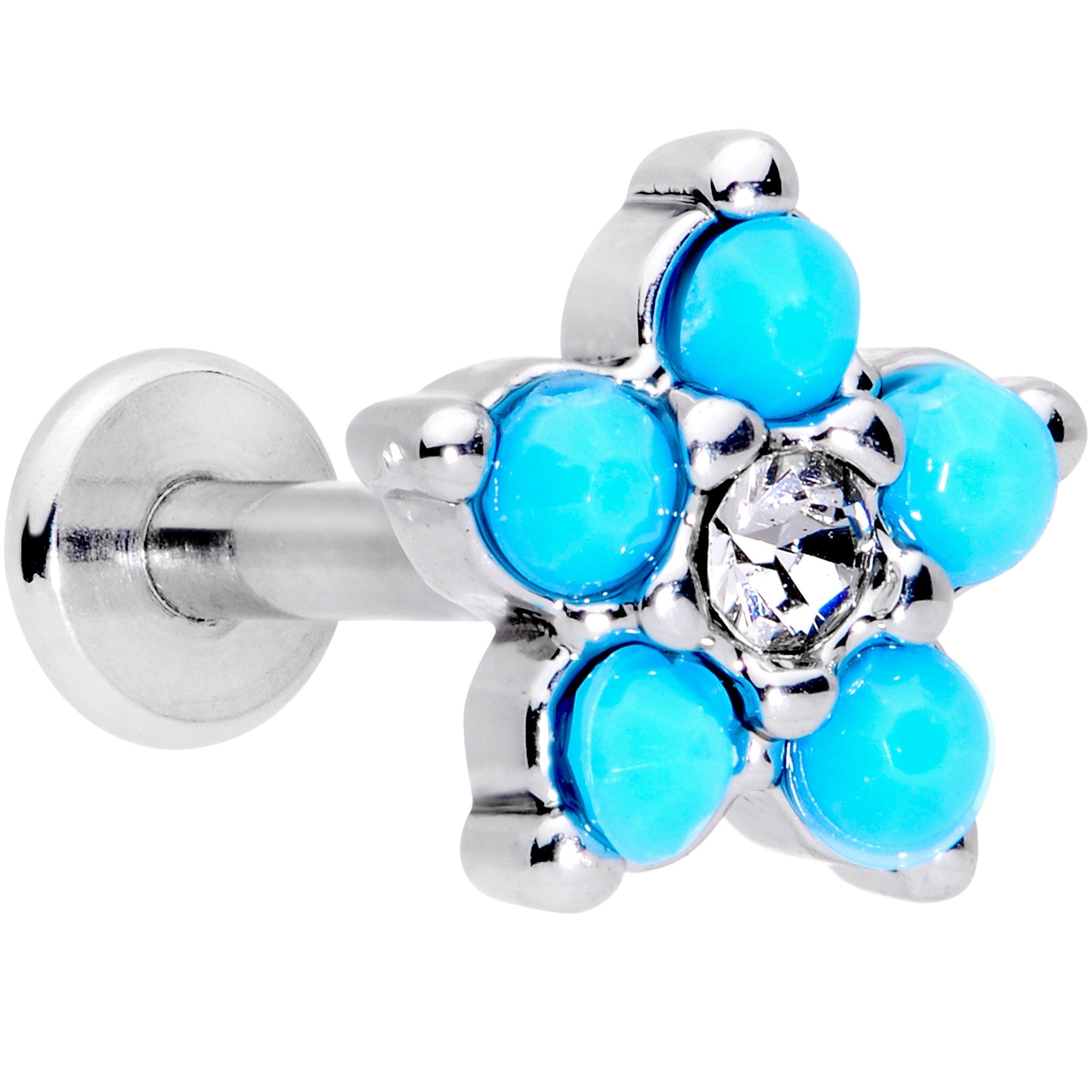 16G 5/16 CZ Gem Faux Turquoise Flower Internally Threaded Labret