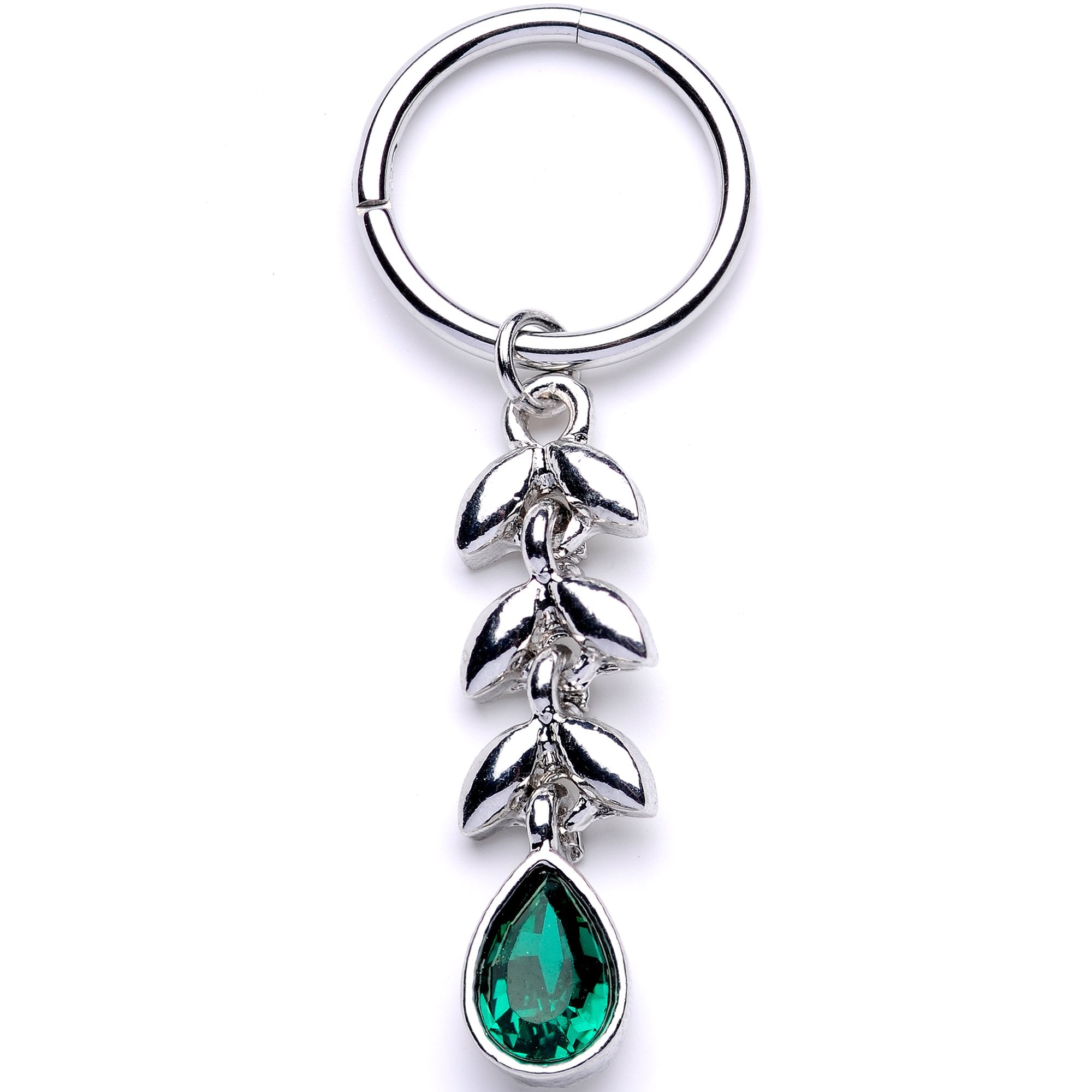 16G 3/8 Green Gem Garland of Leaves Dangle Hinged Segment Ring