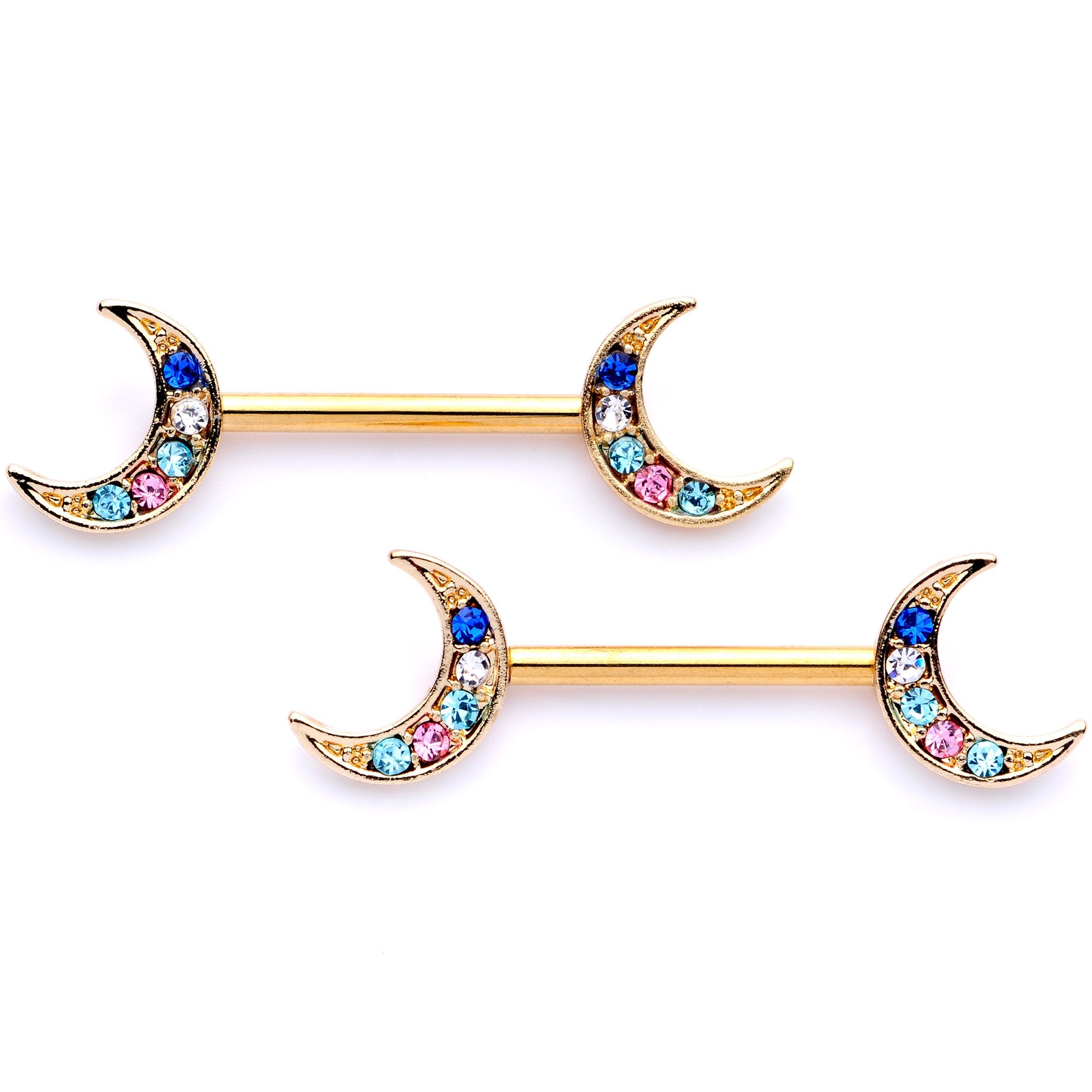 14G 9/16 Multicolor Gem Gold Tone Moon Barbell Nipple Set