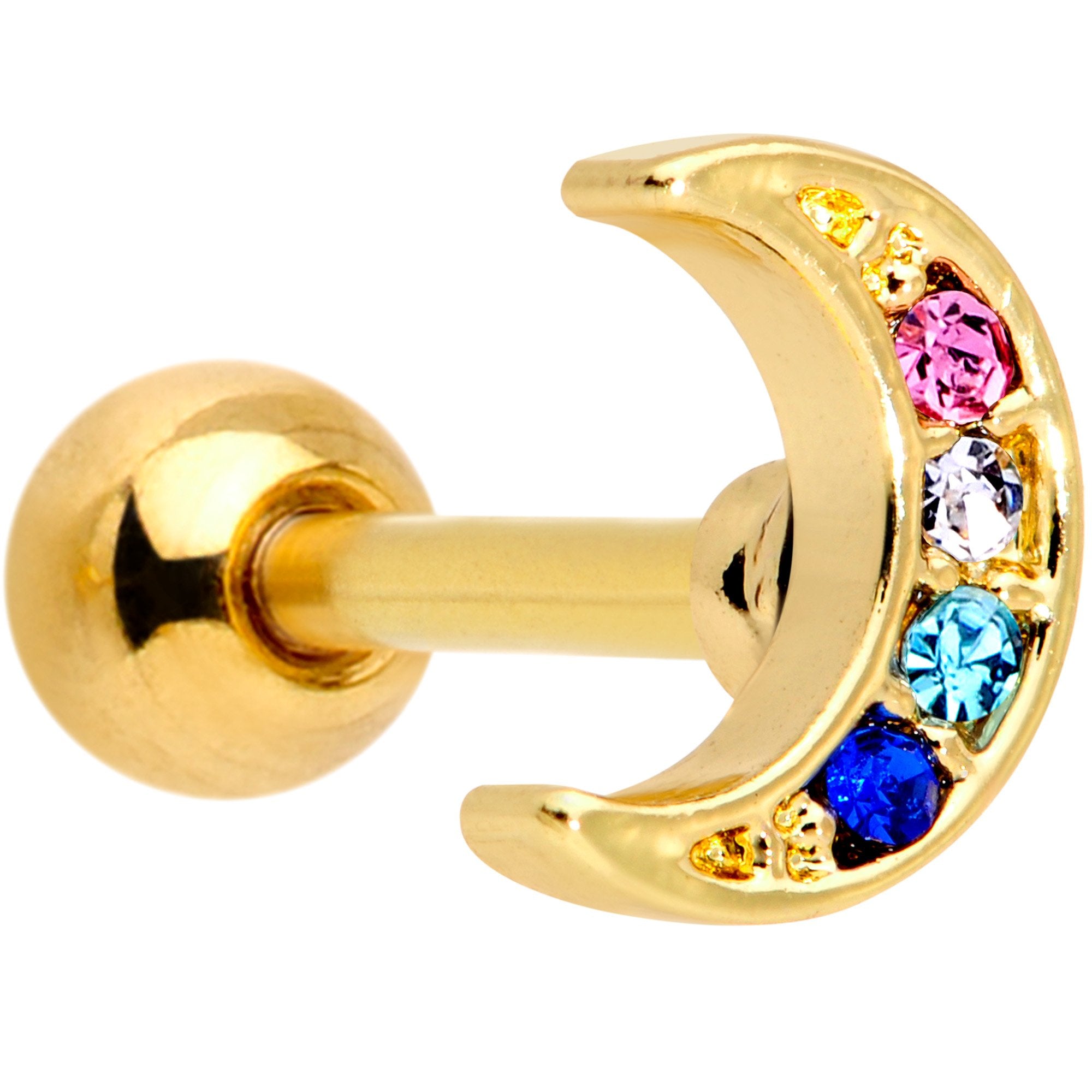 16G 1/4 Multicolor Gem Gold Tone Moon Cartilage Tragus Earring