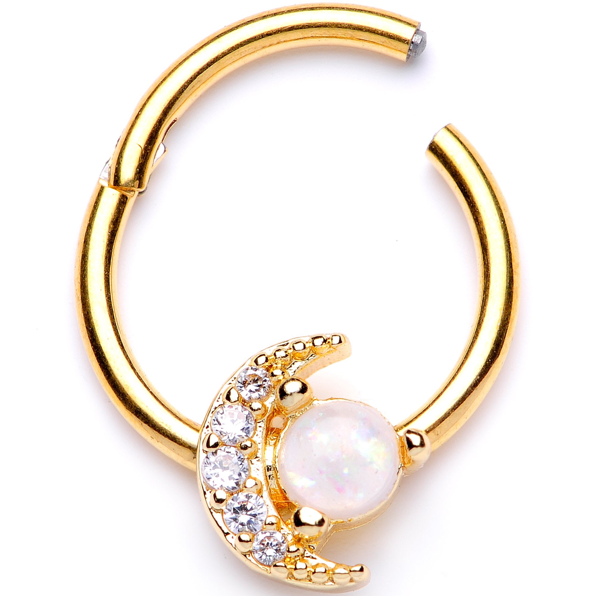 16G 3/8 White Faux Opal Gold Tone Moon Hinged Segment Ring