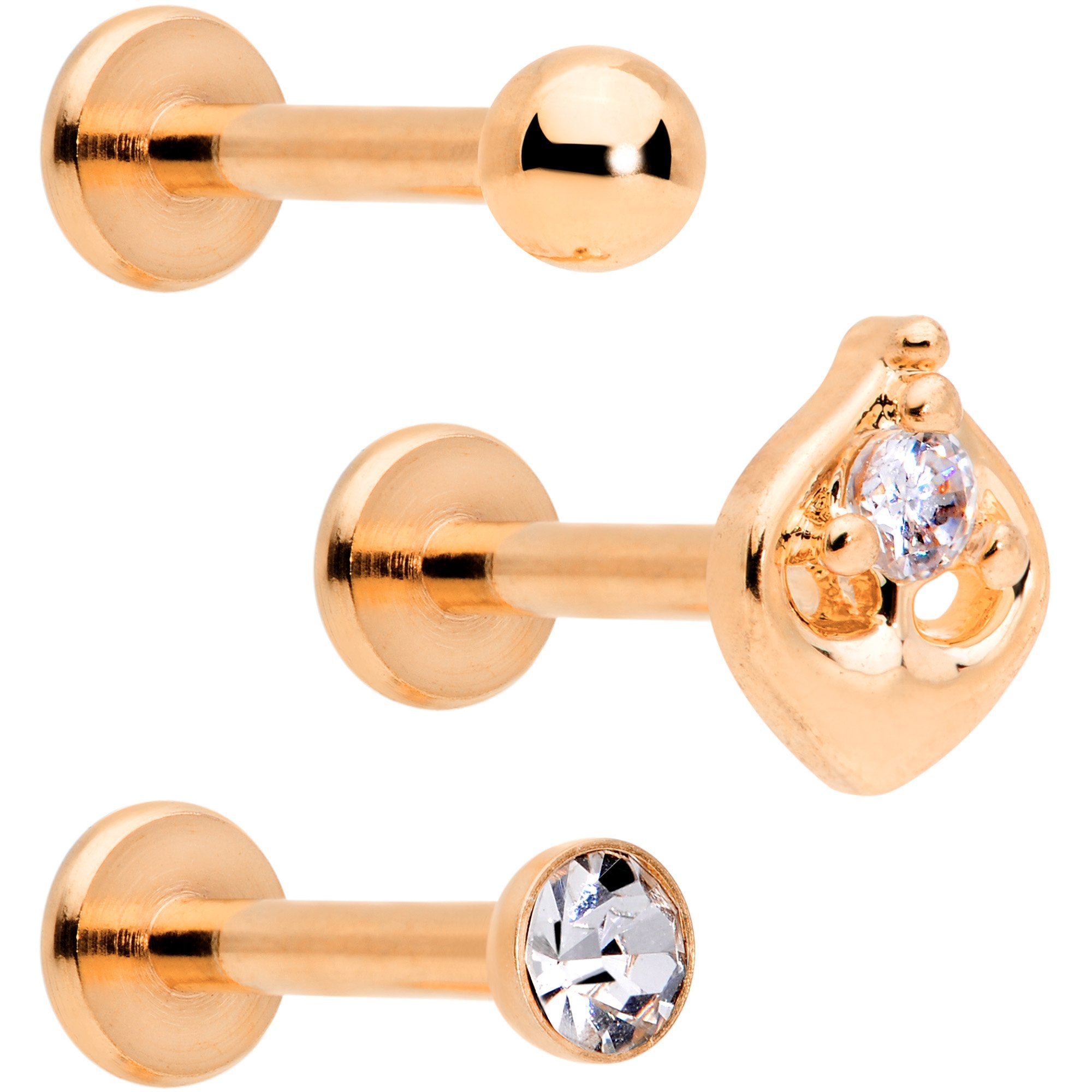 16G 5/16 Clear Gem Rose Gold Tone Internally Threaded Labret Set