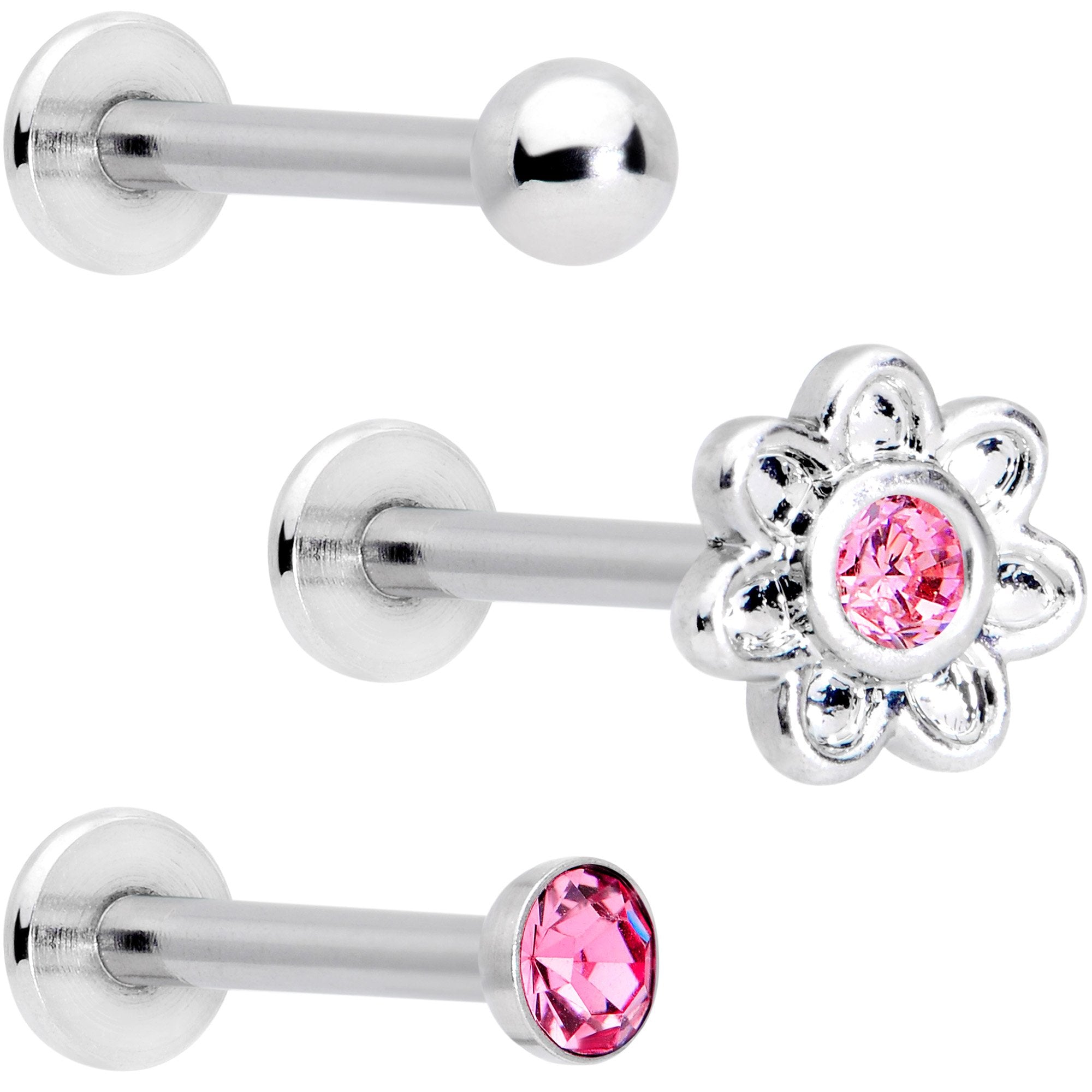 16G Pink Gem Flower Internally Threaded Labret Set of 3