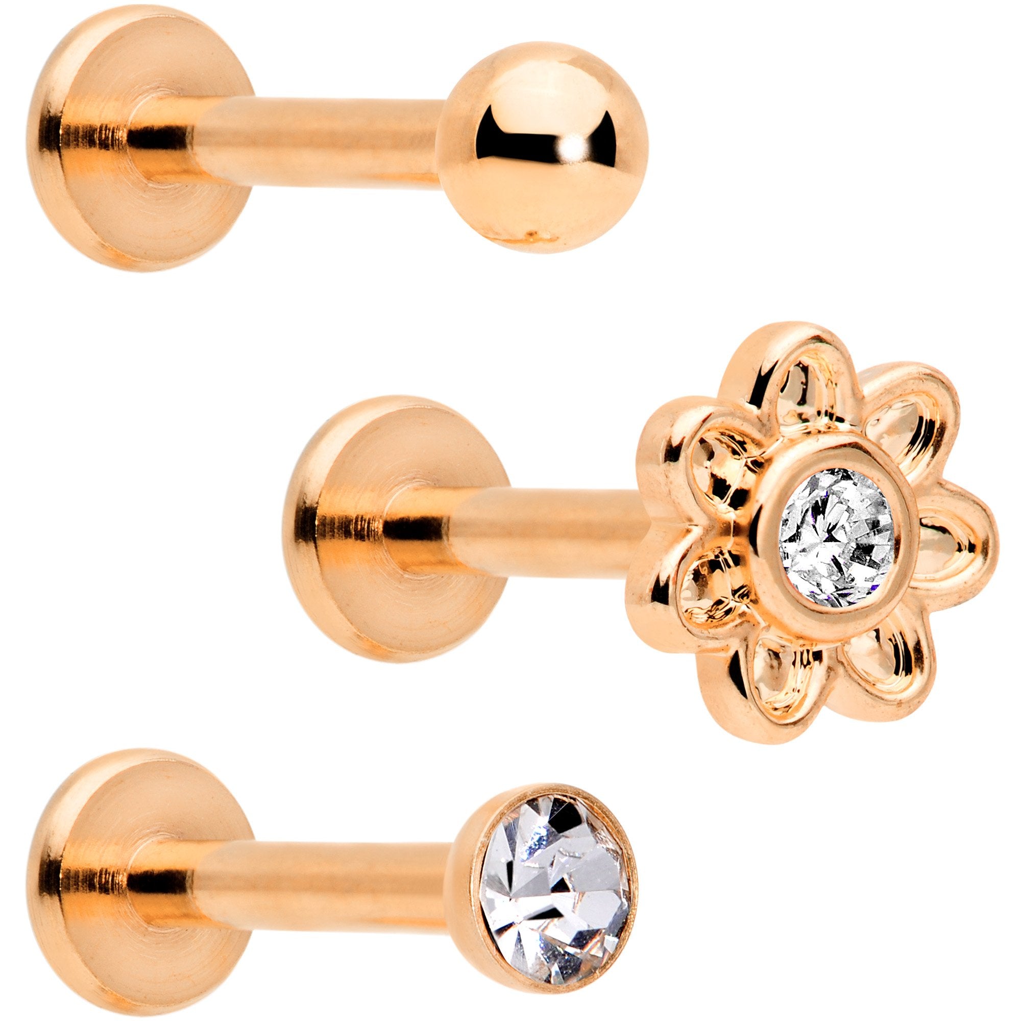 16G Clear Gem Rose Gold Tone Internally Threaded Rose Labret Set