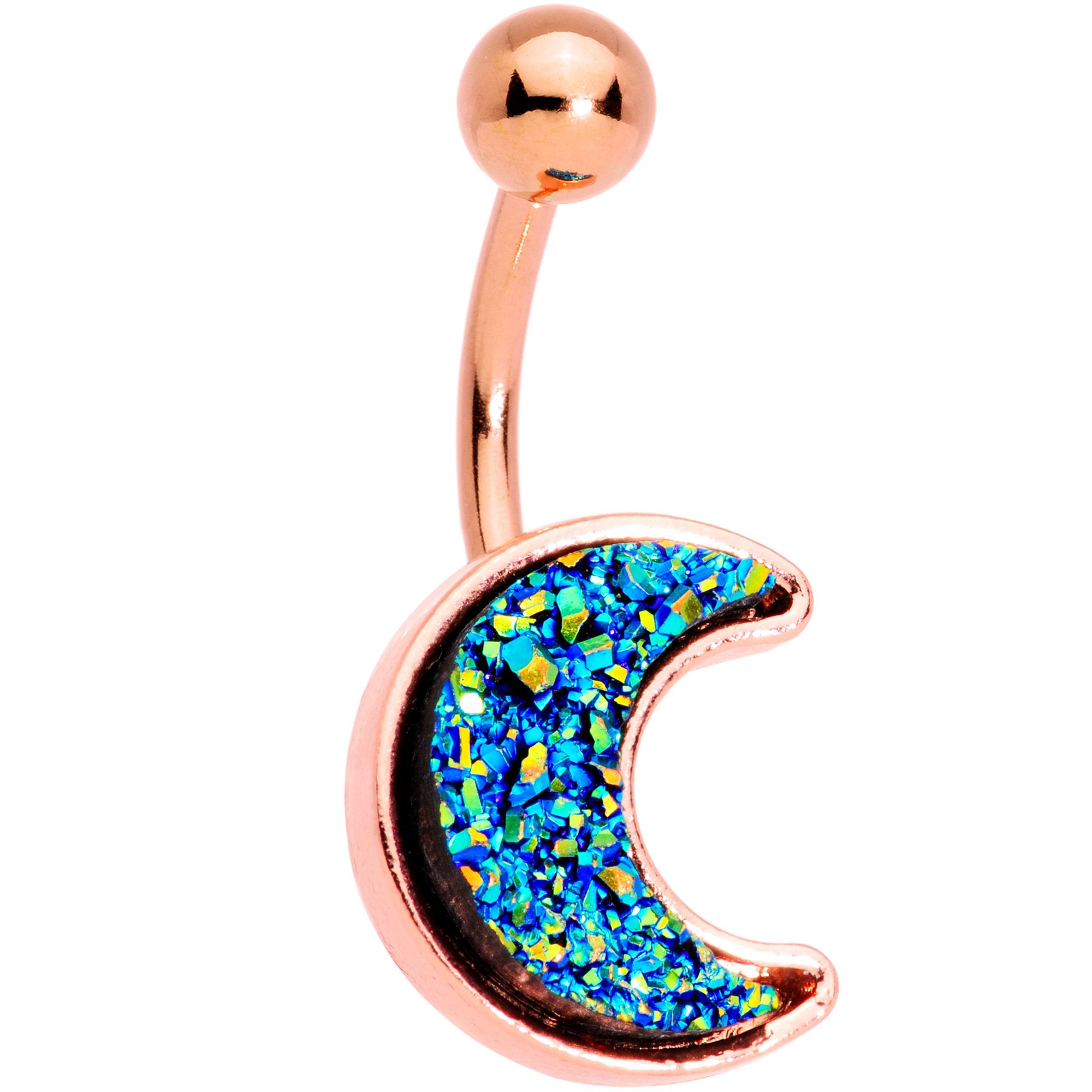 Clear Gem Blue Faux Druzy Rose Gold Tone Crescent Moon Belly Ring Set