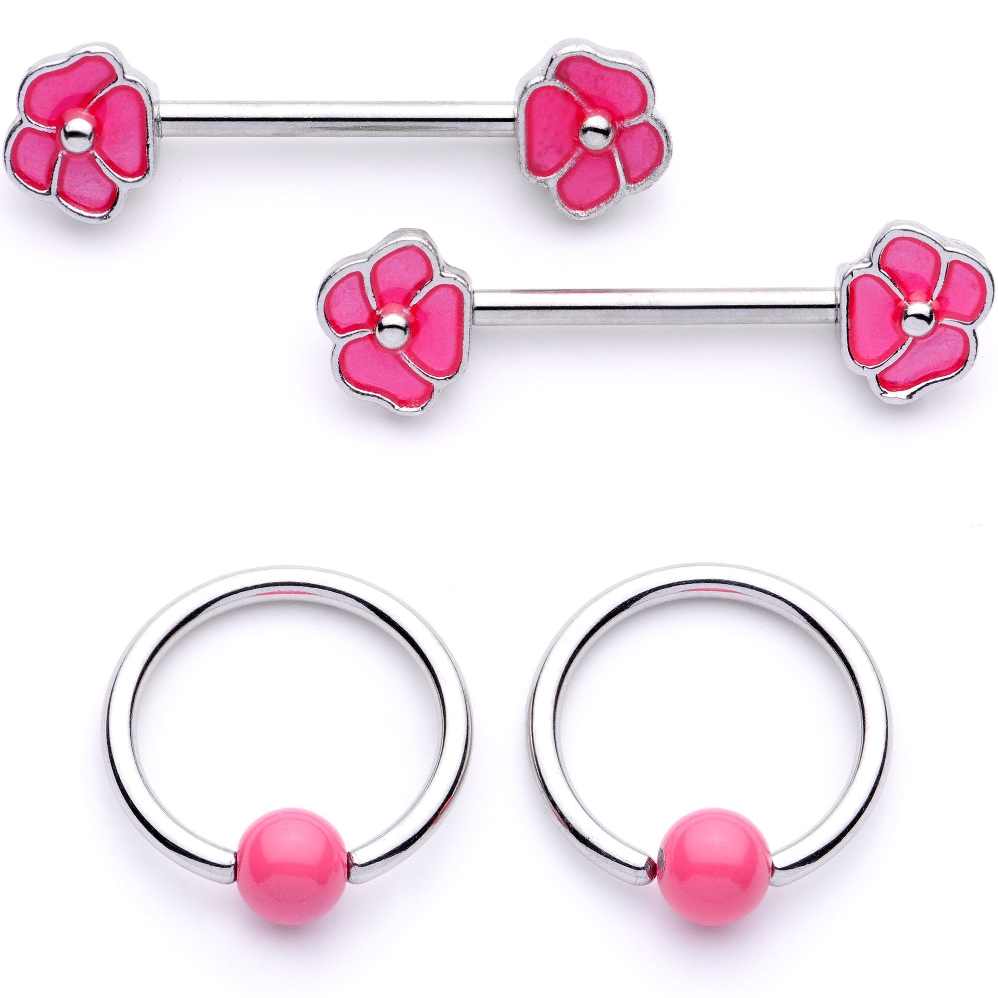 14G 9/16 1/2 Pink Flower Glow BCR Barbell Nipple Ring Set