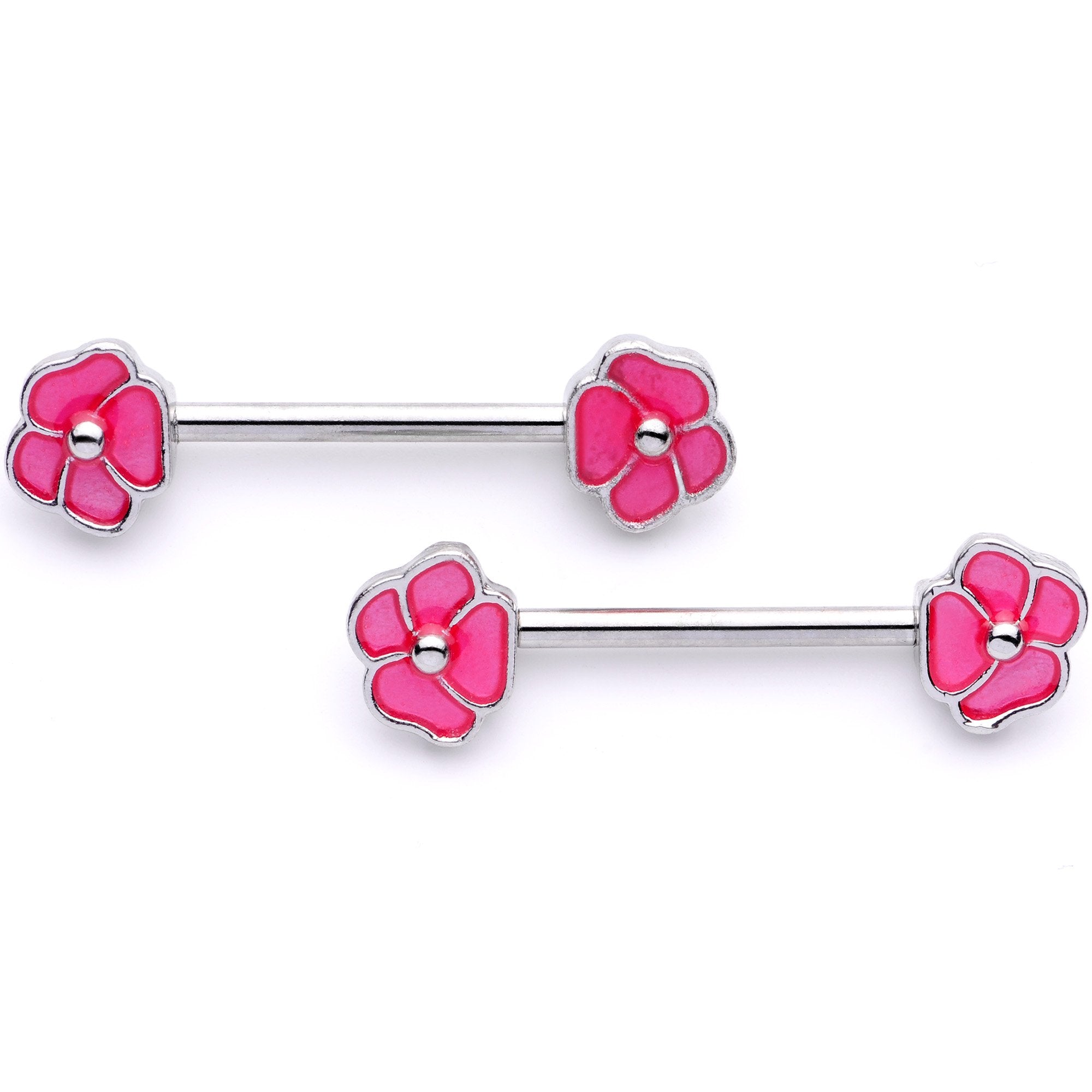 14G 9/16 1/2 Pink Flower Glow BCR Barbell Nipple Ring Set
