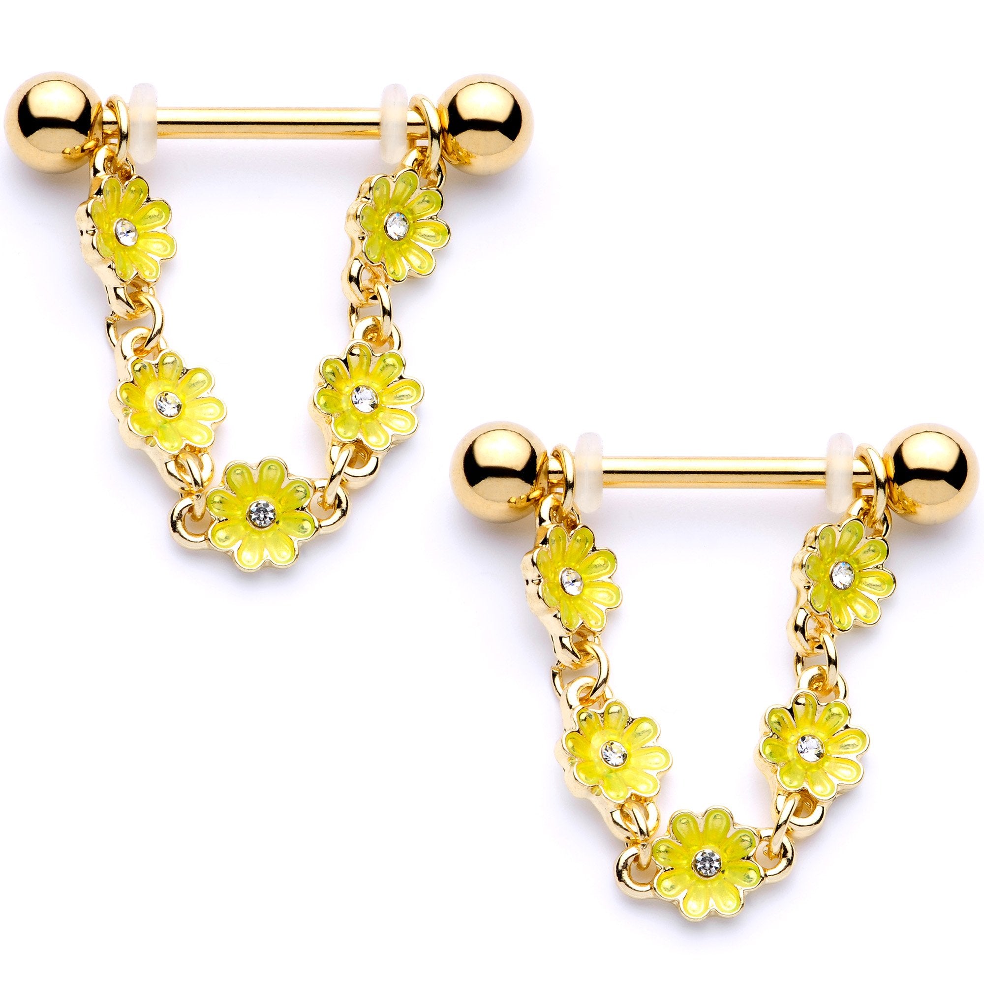 9/16 Clear Gem Gold Tone Yellow Glow Flower Nipple Ring Set