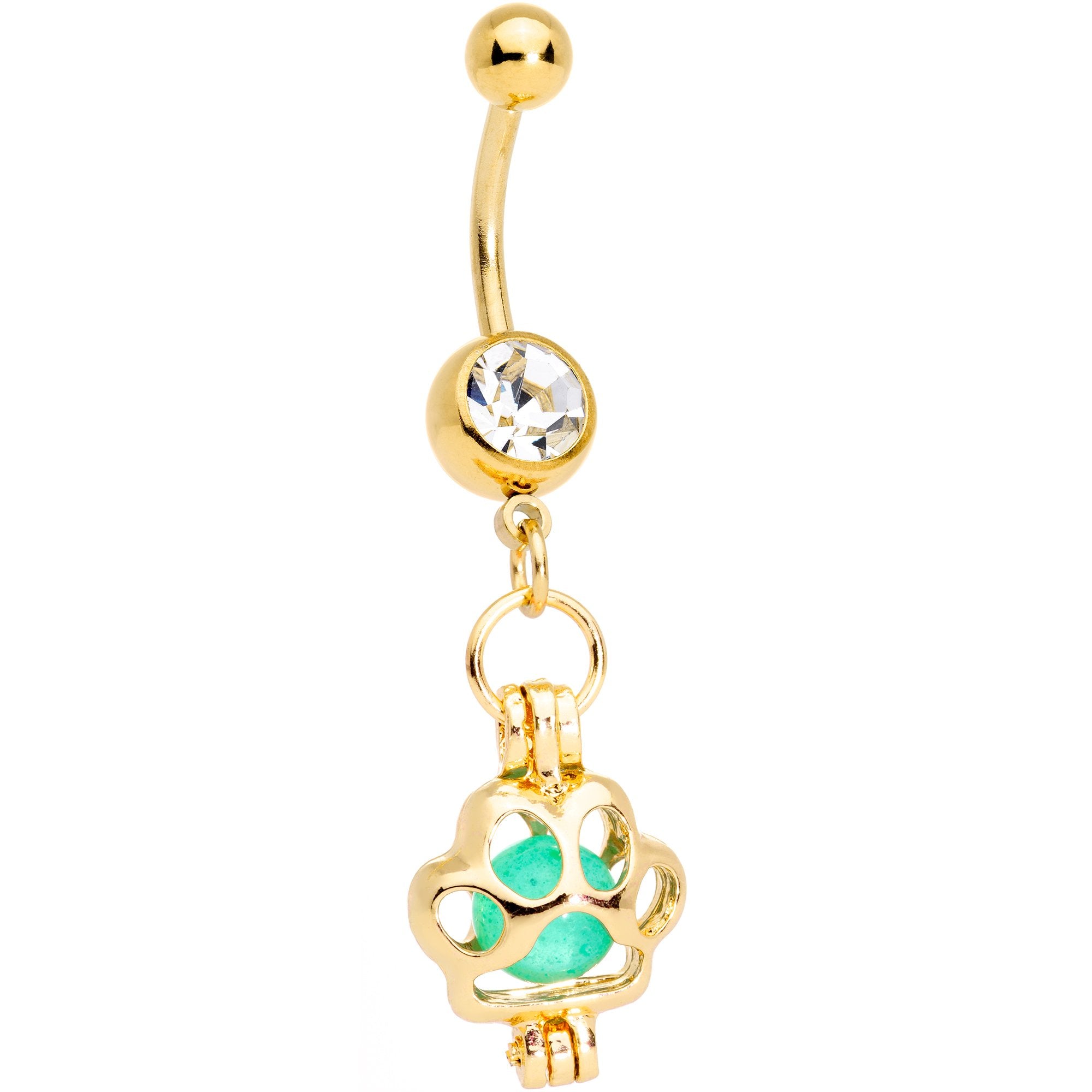 Clear Gem Gold Tone Glow in the Dark Paw Print Dangle Belly Ring