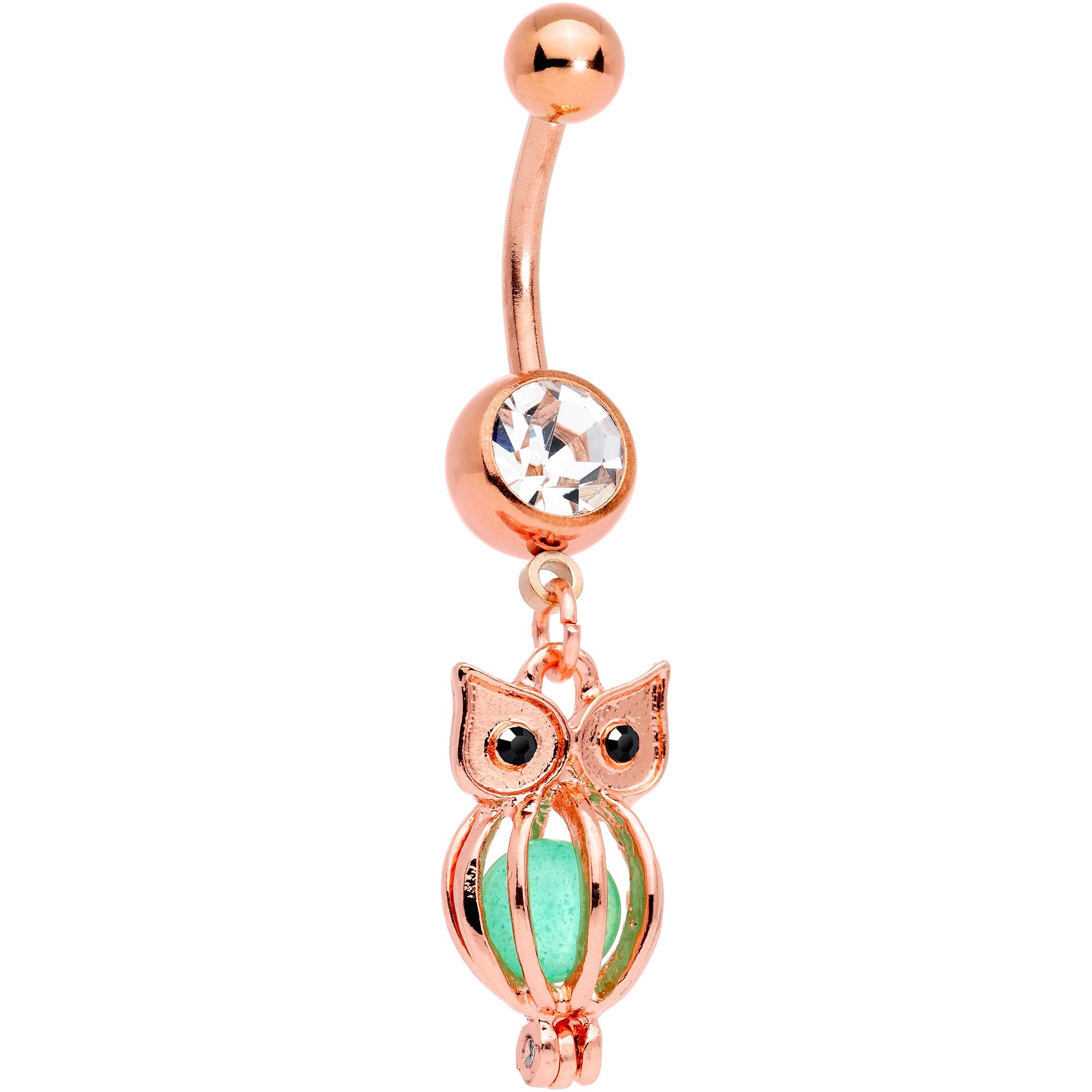 Black Clear Gem Rose Gold Tone Glow in the Dark Owl Dangle Belly Ring
