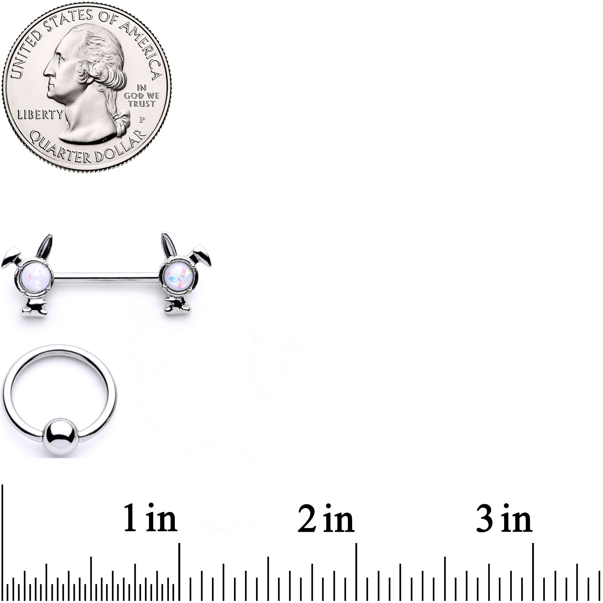 14G 9/16 1/2 White Faux Opal Bunny BCR Barbell Nipple Ring Set