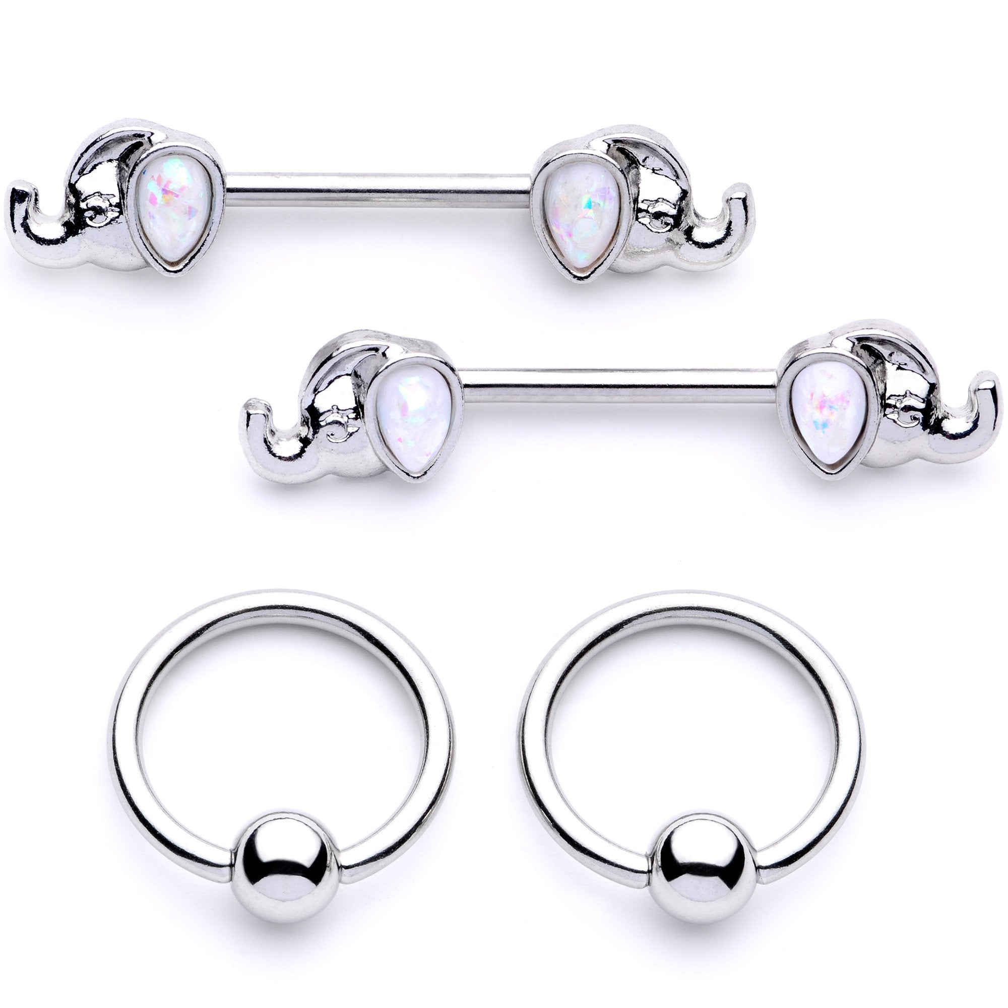 14G White Faux Opal Elephant BCR Barbell Nipple Ring Set of 4