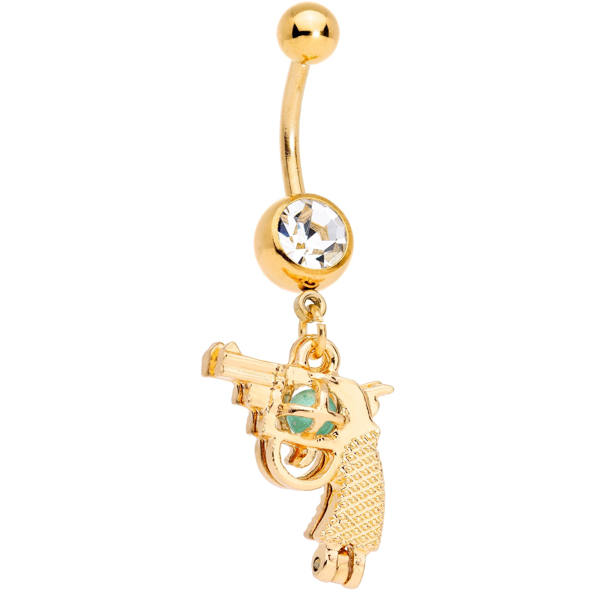 Clear Gem Gold Tone Glow in the Dark Revolver Dangle Belly Ring
