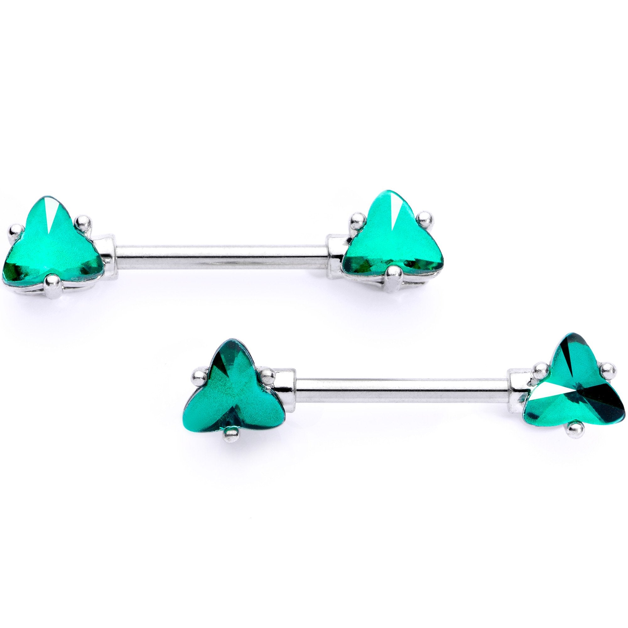 14G 9/16 Green Gem Geometric Triangles Barbell Nipple Ring Set