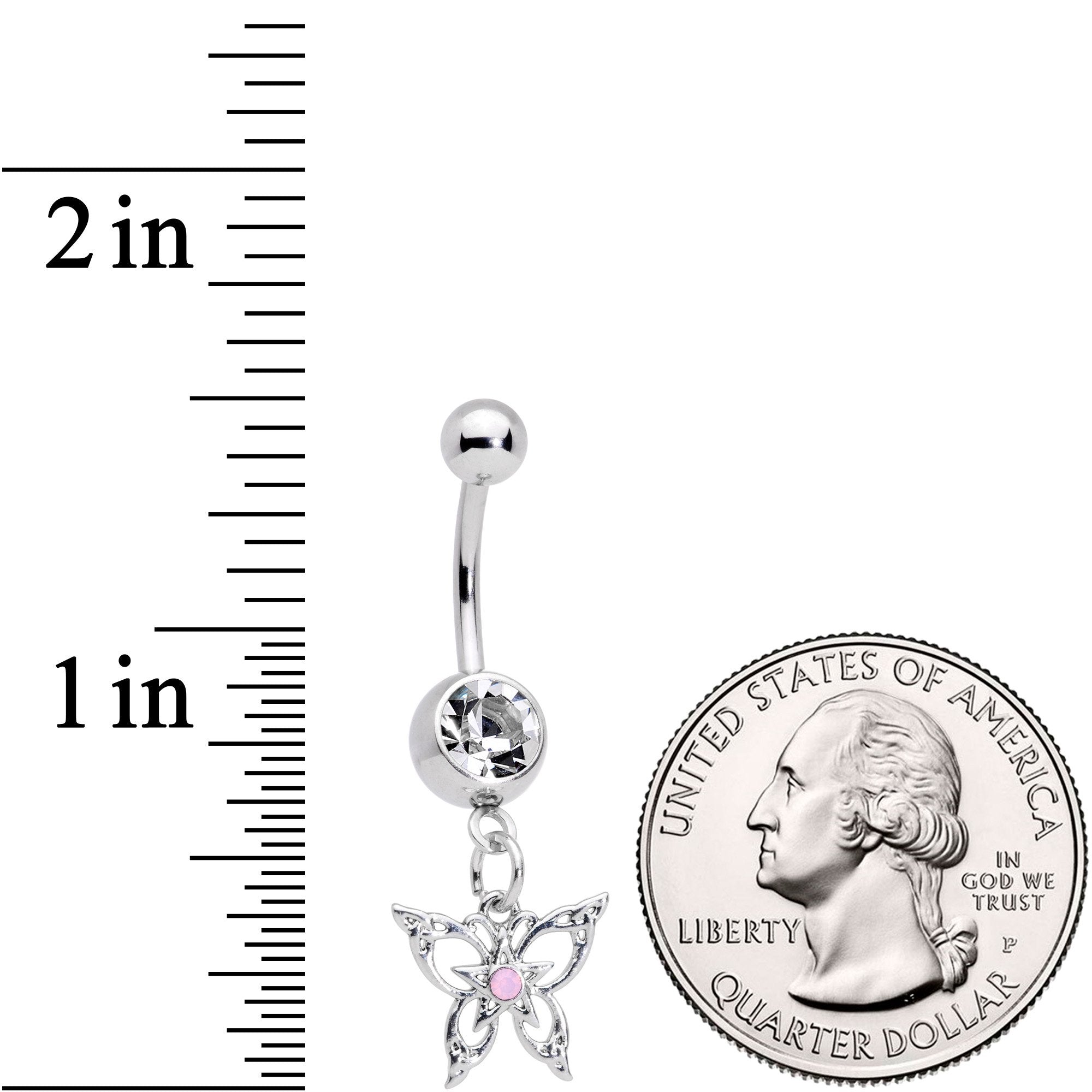 Pink Synthetic Opal Clear Gem Lacy Butterfly Dangle Belly Ring