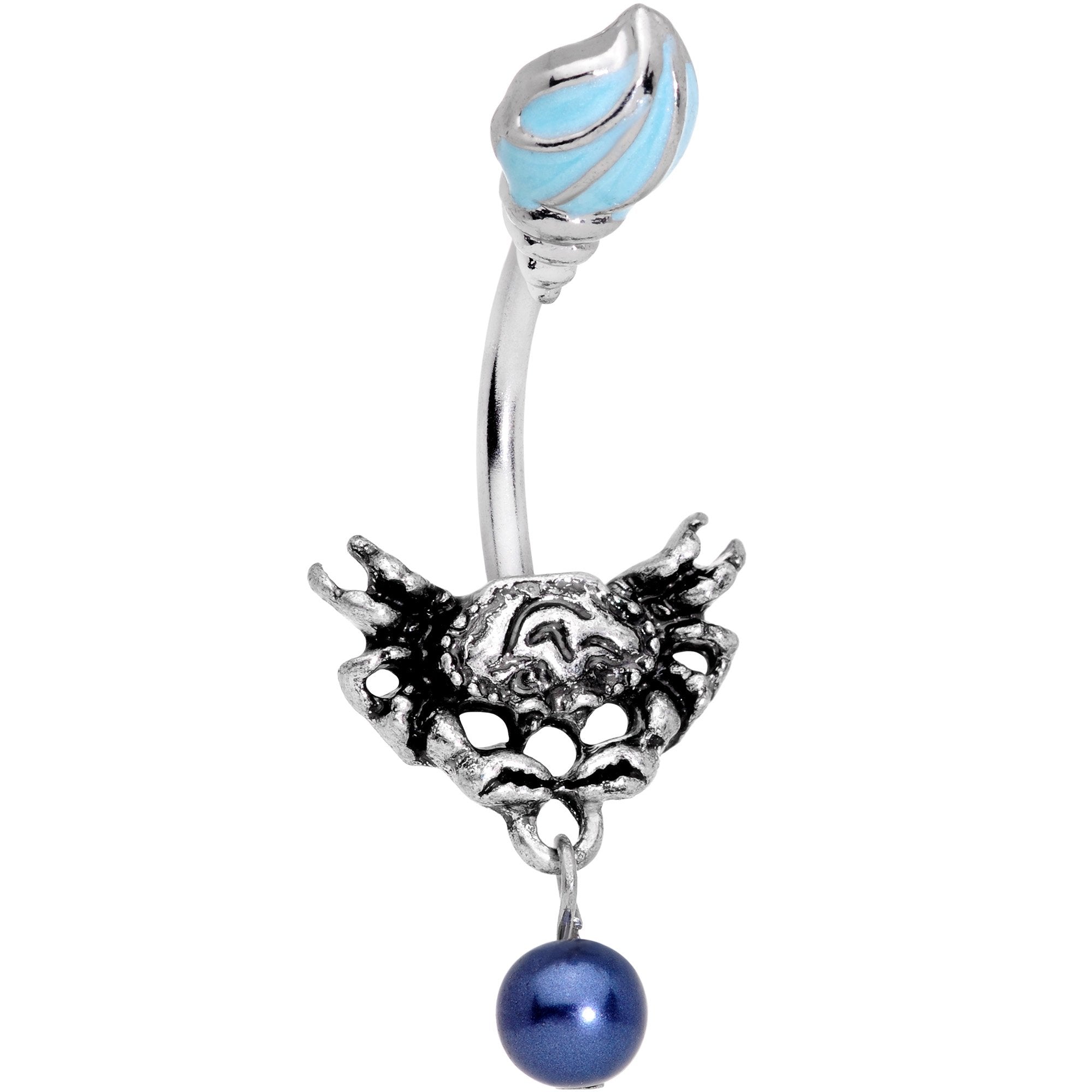 Blue Orbs Nautical Crab and Whelk Shell Dangle Belly Ring