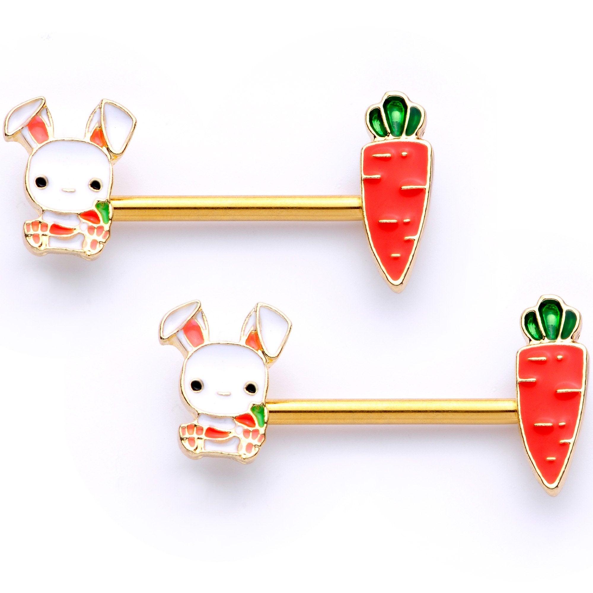 14G 9/16 Gold Tone Carrot Easter Bunny Barbell Nipple Ring Set