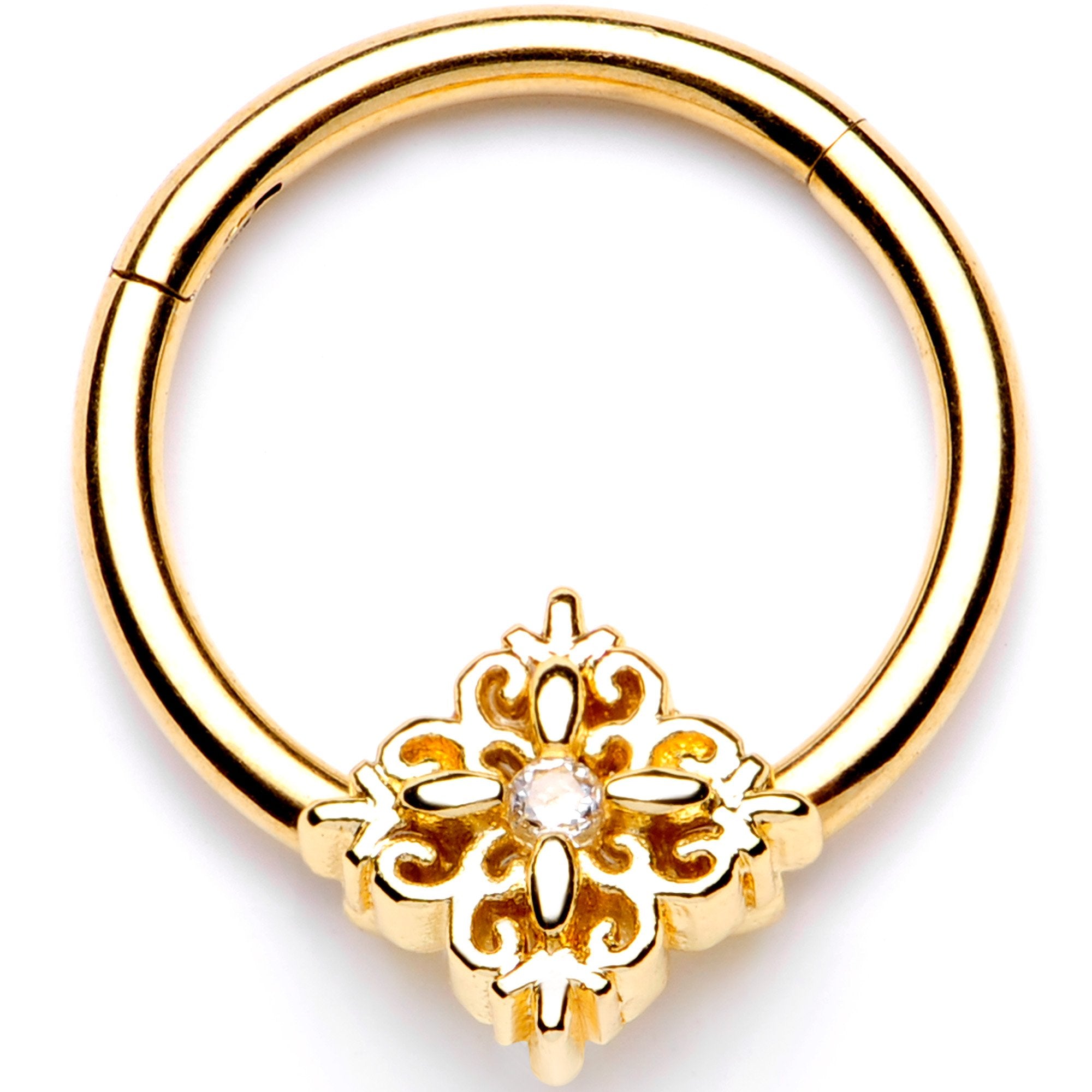 16G 3/8 Clear CZ Gold Tone Regal Rhombus Hinged Segment Ring